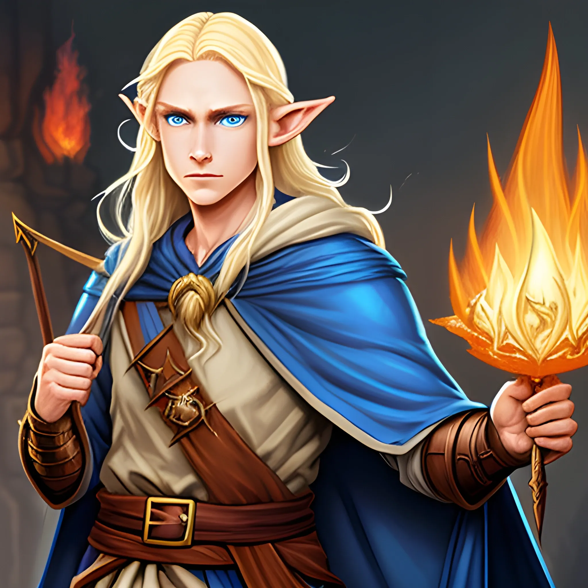 dungeons and dragons, mage, wizard, epic, elvish, elf, blond hair, blue eyes, fire, magic, cartoon, fantasy