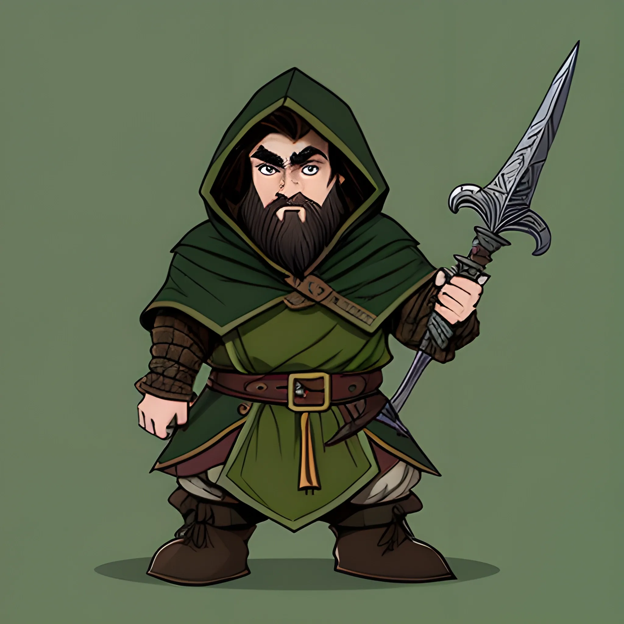 dungeons and dragons, epic, dwarf, rogue, brown hair, hooded cloak, black outfit, green trim, cartoon, sword