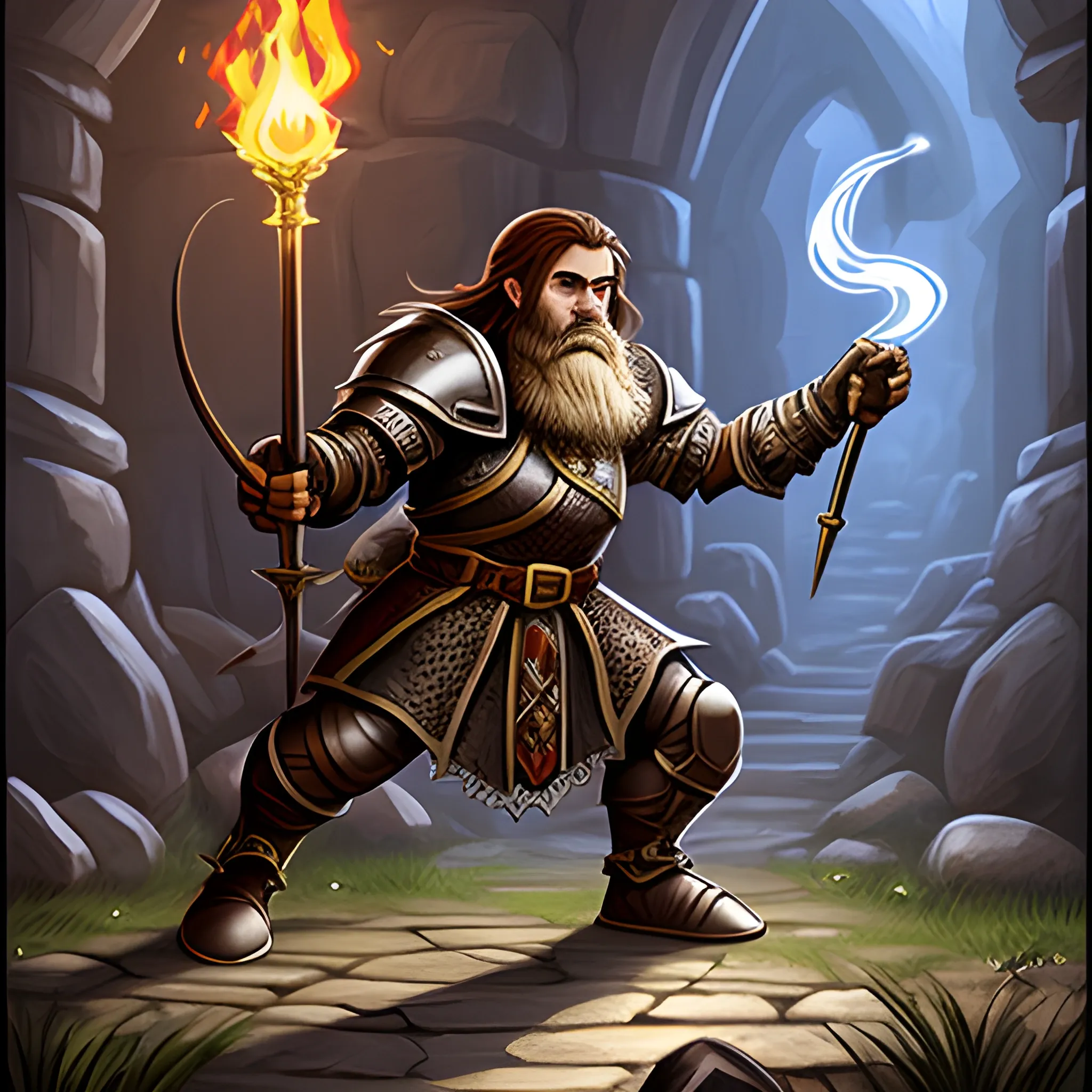 dungeons and dragons, knight, epic, dwarf, brown hair, dark eyes, magic, cartoon, fantasy