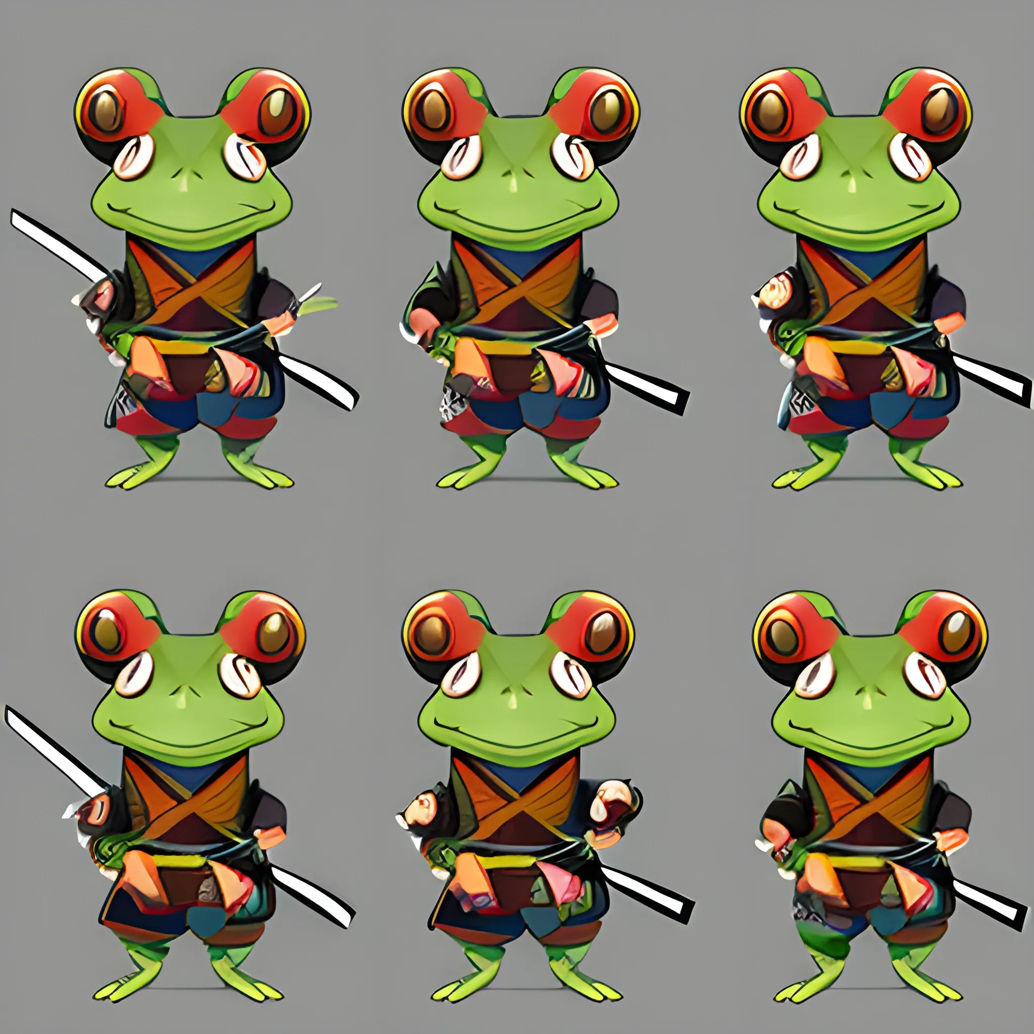  samurai frog with a katana from 3 angles , Cartoona 