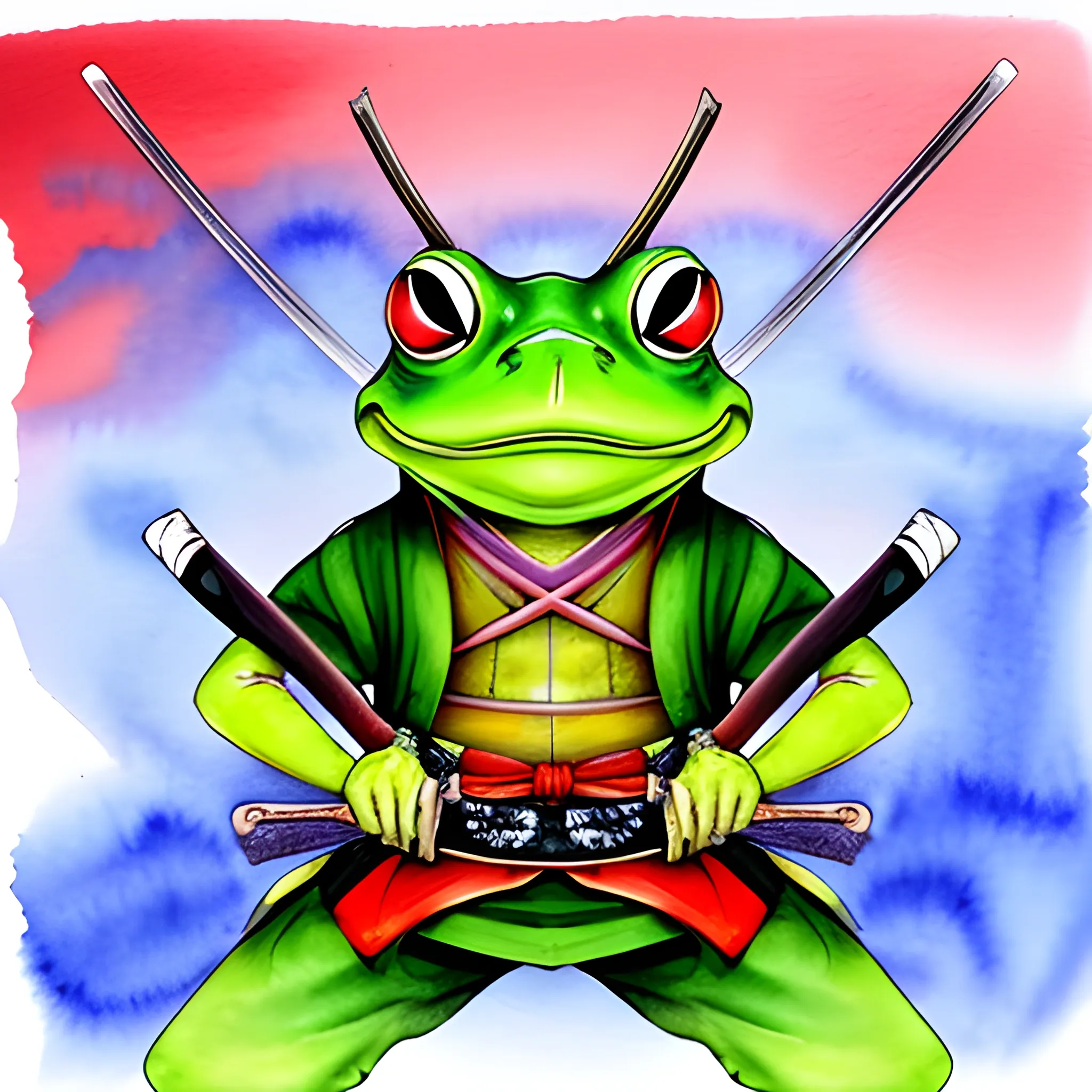  samurai frog with a katana  with a anger expression, Trippy, Water Color