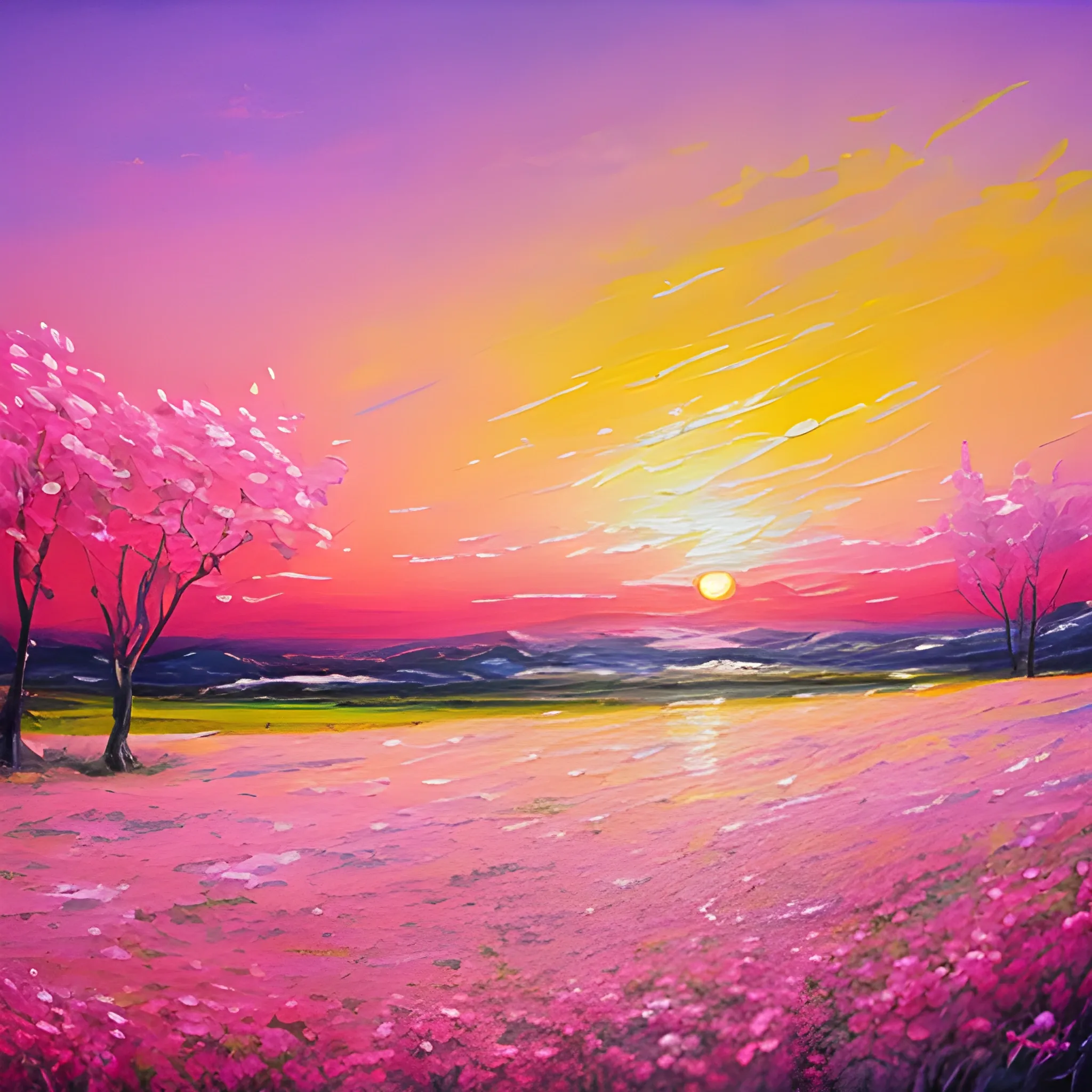 A landscape with pink flowers, a sunset, pastel colors, romantic, plain , Oil Painting, Oil Painting