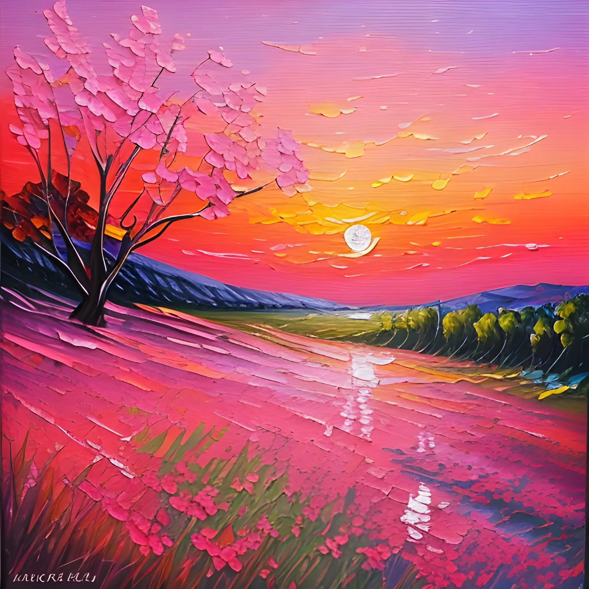 A landscape with pink flowers, a sunset, plain , Oil Painting, Oil Painting