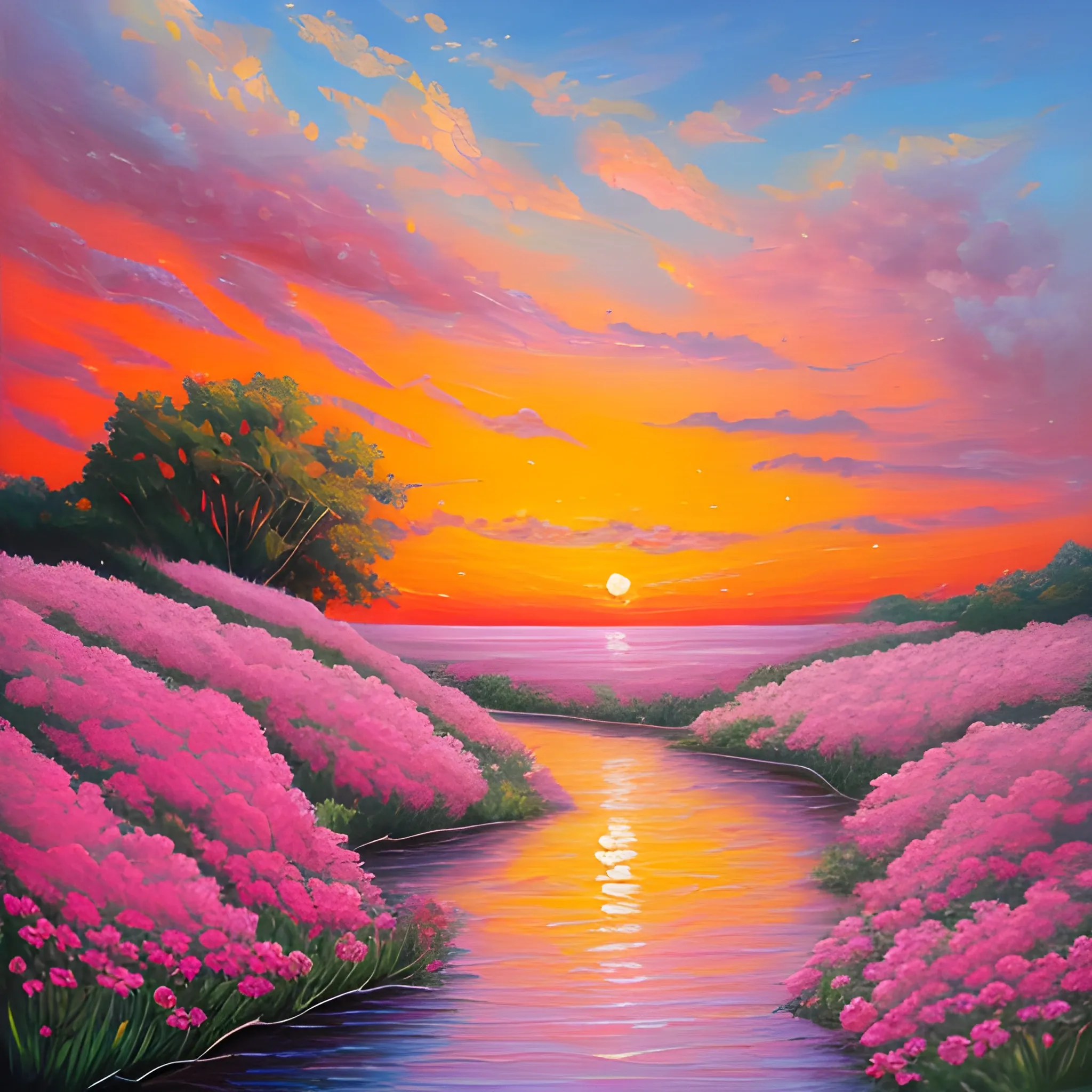 A landscape with pink flowers, a sunset, Oil Painting, 
