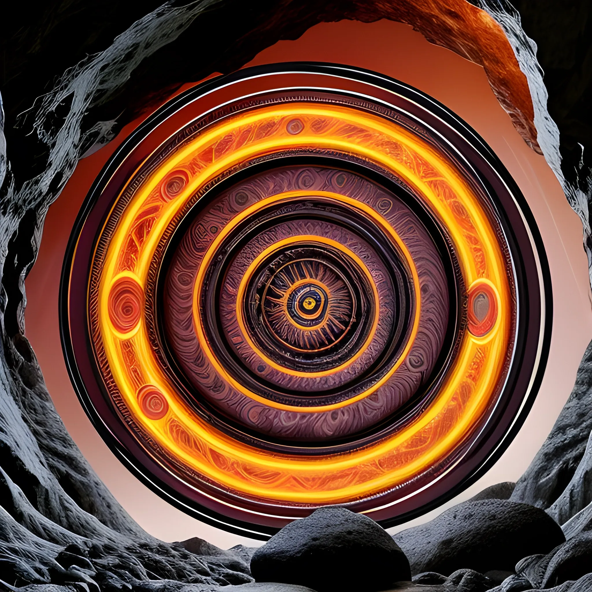 Concentric metal arches, armillary, beside a lava river, in a cave, subterrainian, glowing rock