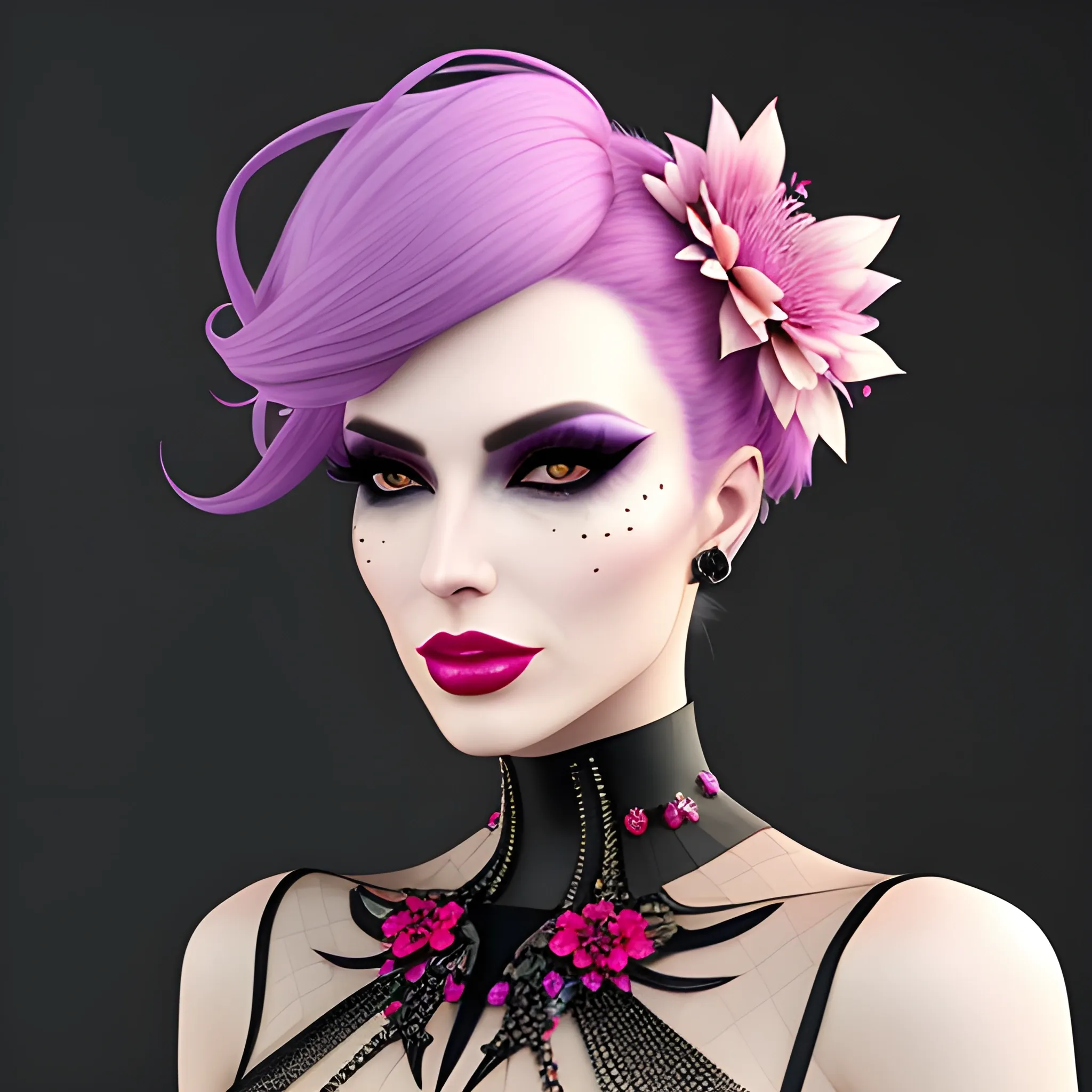 Portrait of a beautiful girl in bloom, mysterious and elegant floral punk fashion, 3D