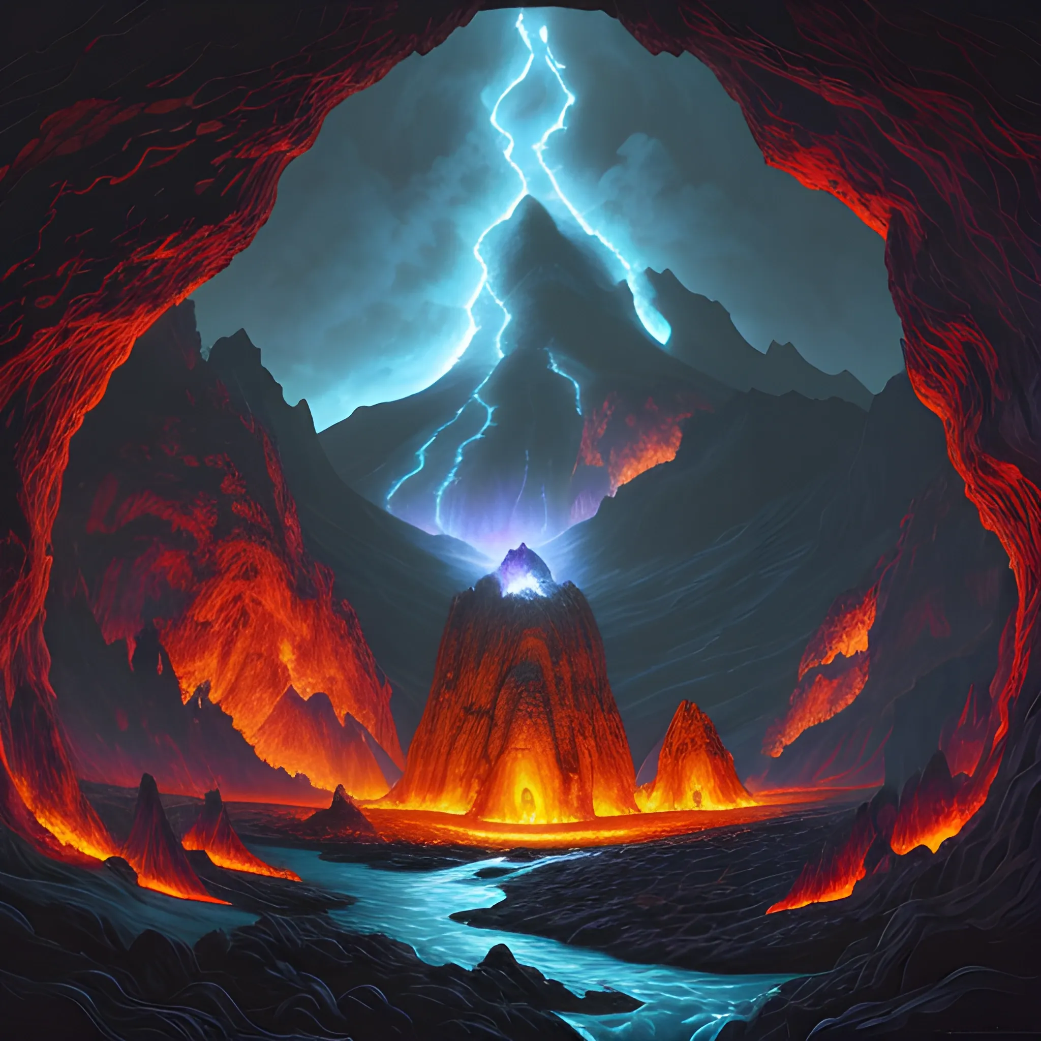 concept art of a fantasy landscape of a dark cave lit by lava, a giant armillary at the centre, beside a lava river, subterrainian, glowing rock, lava waterfalls cel shaded