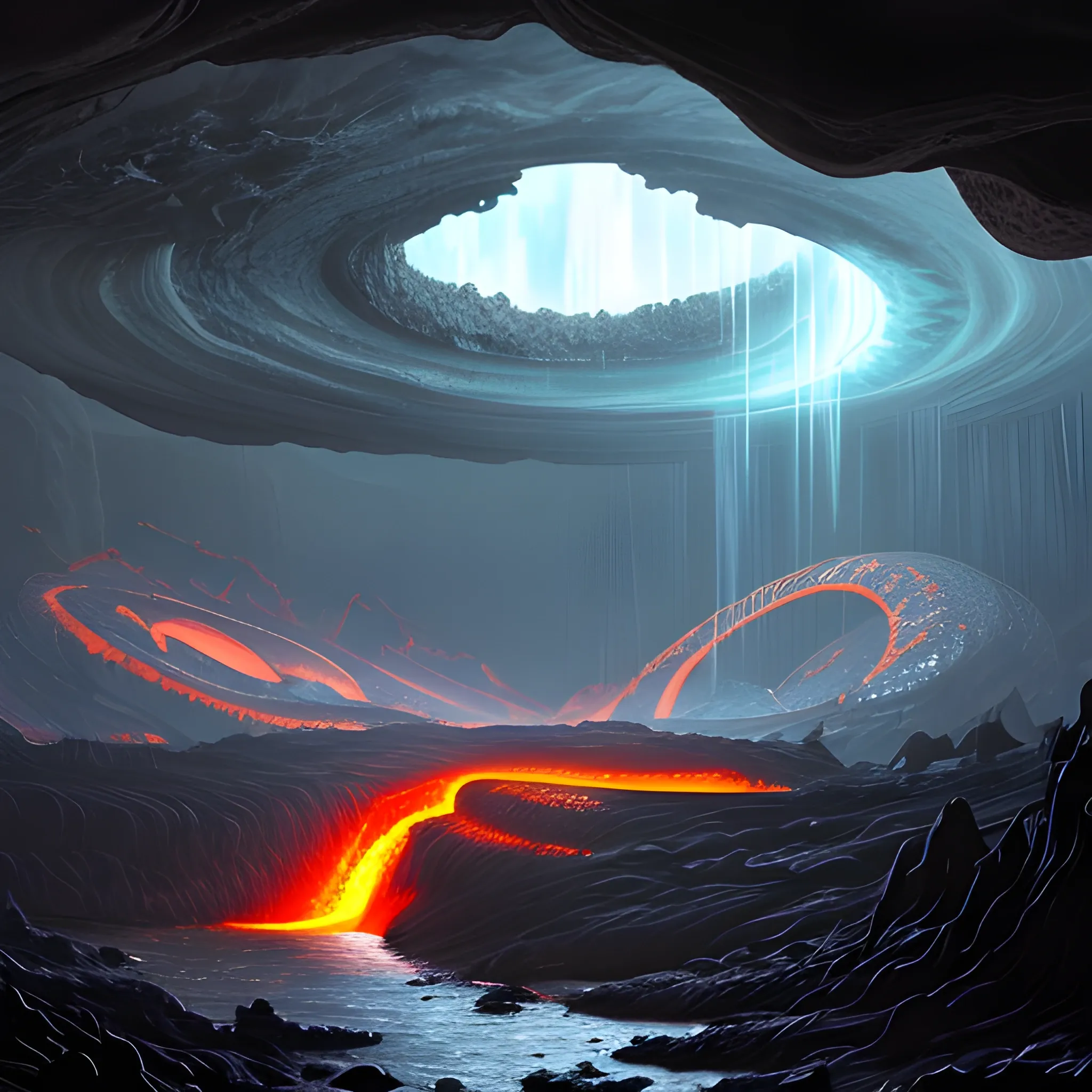 concept art of a dark fantasy landscape of a subterrainian cave lit by lava. A large circular metal platform with concentric copper arches surrounding it is at the centre, partially submerged by a stream of lava. glowing rocks, cascading lava waterfalls, ceiling visible