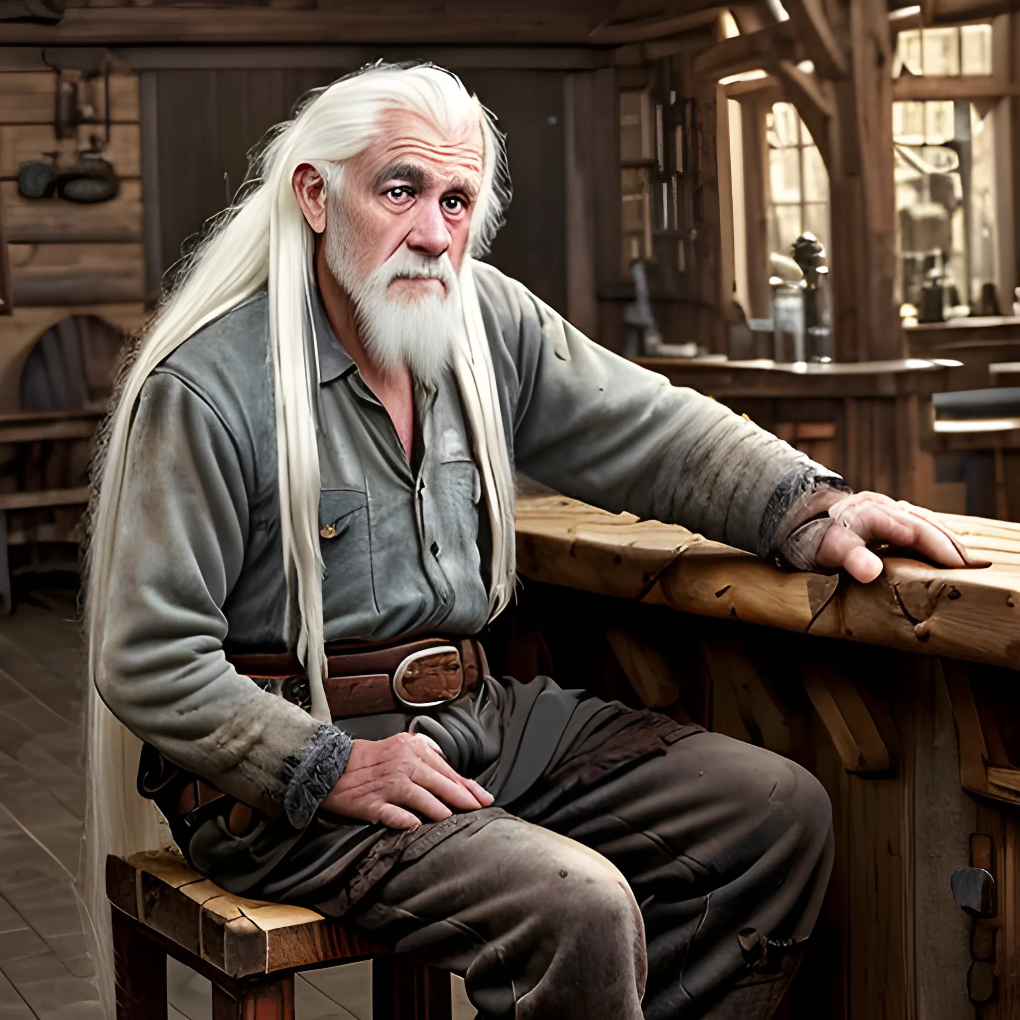 a old man with long greasy white hair, sitting on a bar stool against a timber structure, daggar on his belt, tankard, blacksmith, fantasy, stains, ragged clothes, leather