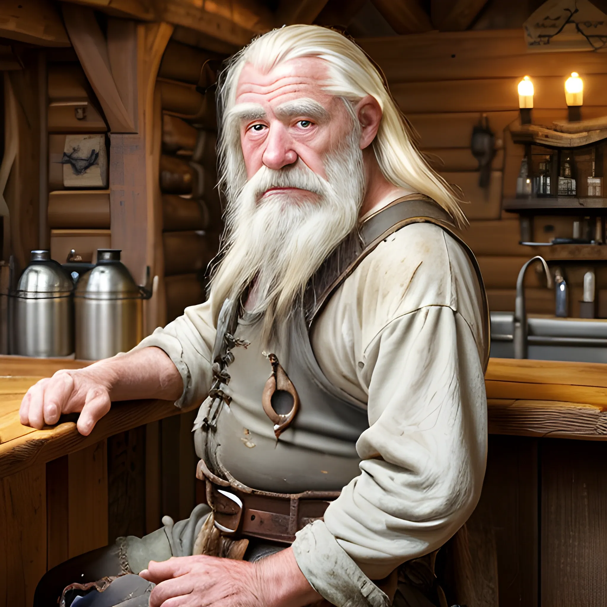 a goog looking old man with greasy white shoulder length hair, sitting on a bar stool against a spruce timber structure. there is a daggar on his belt, he is holding a tankard. blacksmith, fantasy, stains, ragged clothes, leather. he looks sad