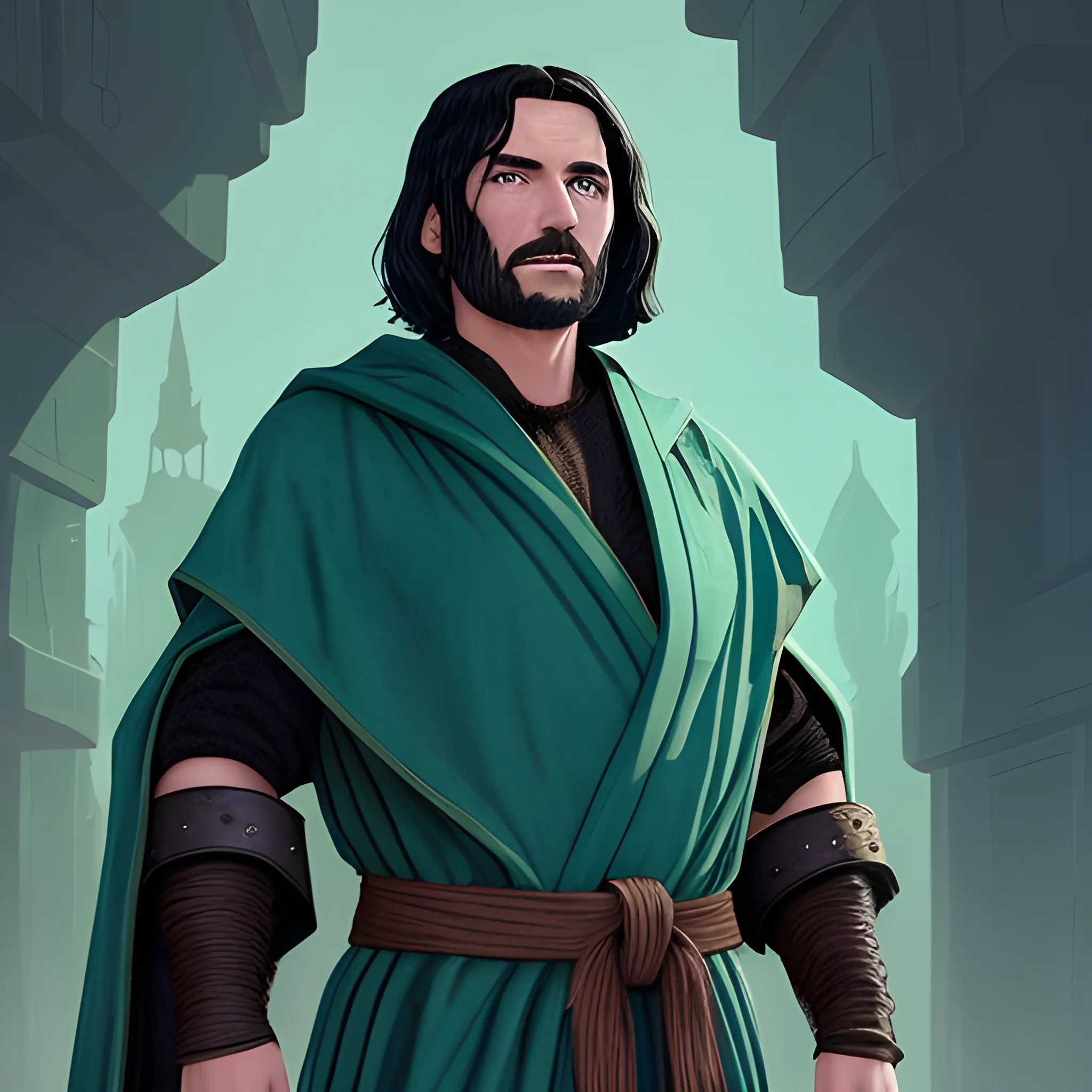 a robed man with dark eyes, dark hair, he wears furs around his shoulders, he wears a metal armband. his robes are aqua green but everything else is leather work and burlap clothing. The background is a fantasy city made of blocky stone and dark wooden roofs.