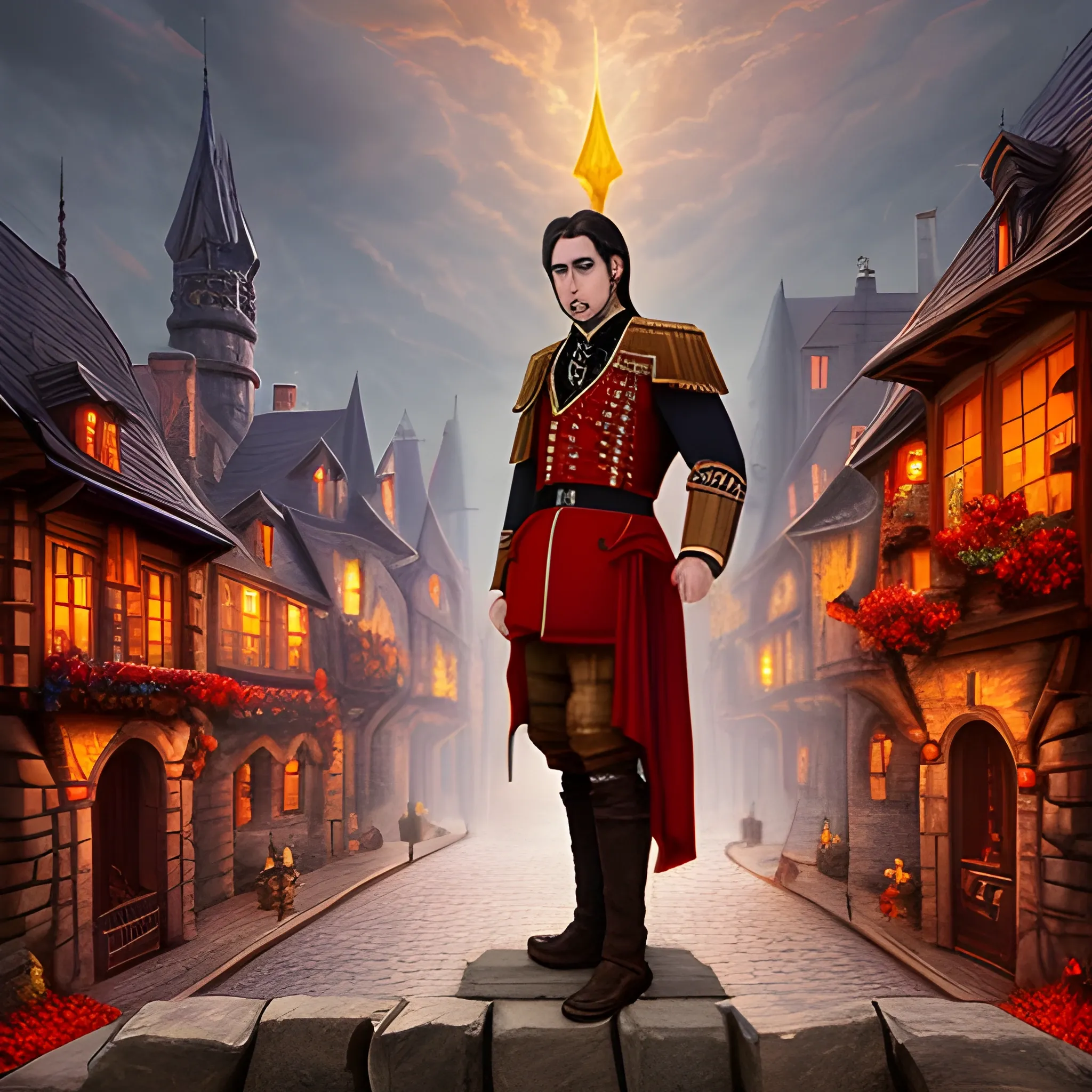 a adolencent man with dark eyes, dark hair, he wears fine clothes of red and gold. . The background is a fantasy city made of blocky stone and dark wooden roofs.