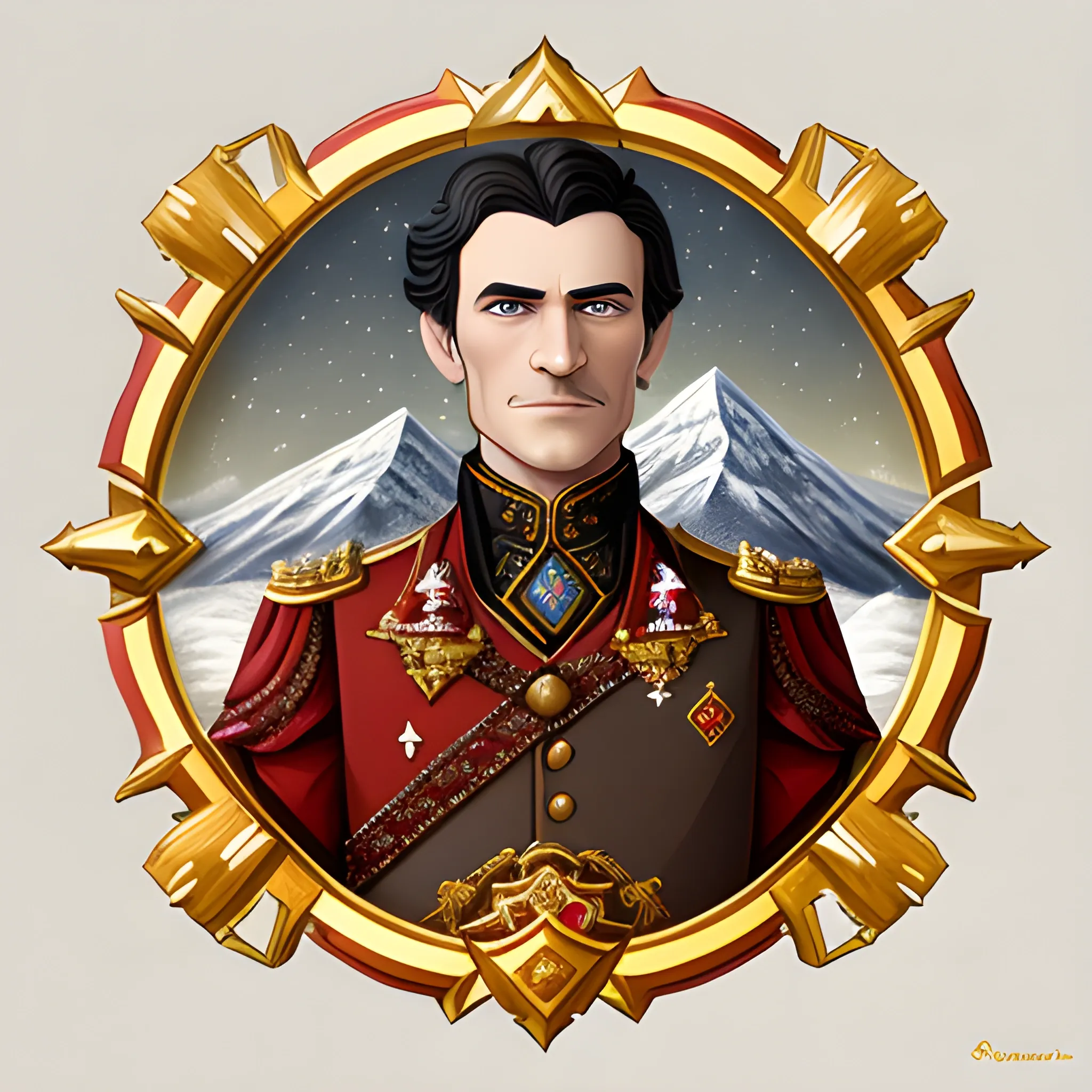 A adolencent man with dark eyes, dark hair, he wears fine clothes of red and gold. emblem, jewelry. The background is a fantasy city made of blocky stone and dark wooden roofs and snow capped mountains.