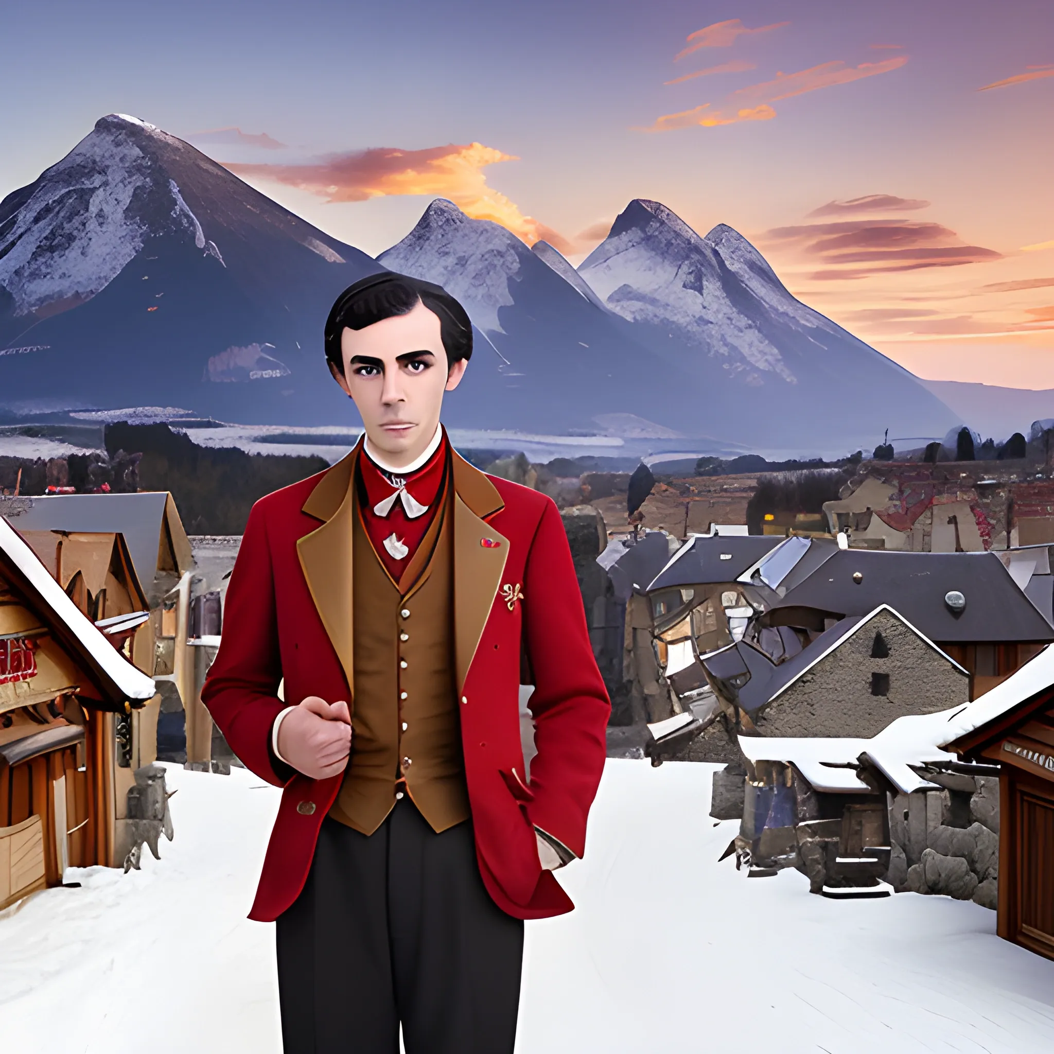 A adolencent man with dark eyes, dark hair, he wears fine informal clothes of red and gold, jewelry. The background is a fantasy city made of blocky stone and dark wooden roofs. snow capped mountains are visible in the distance.