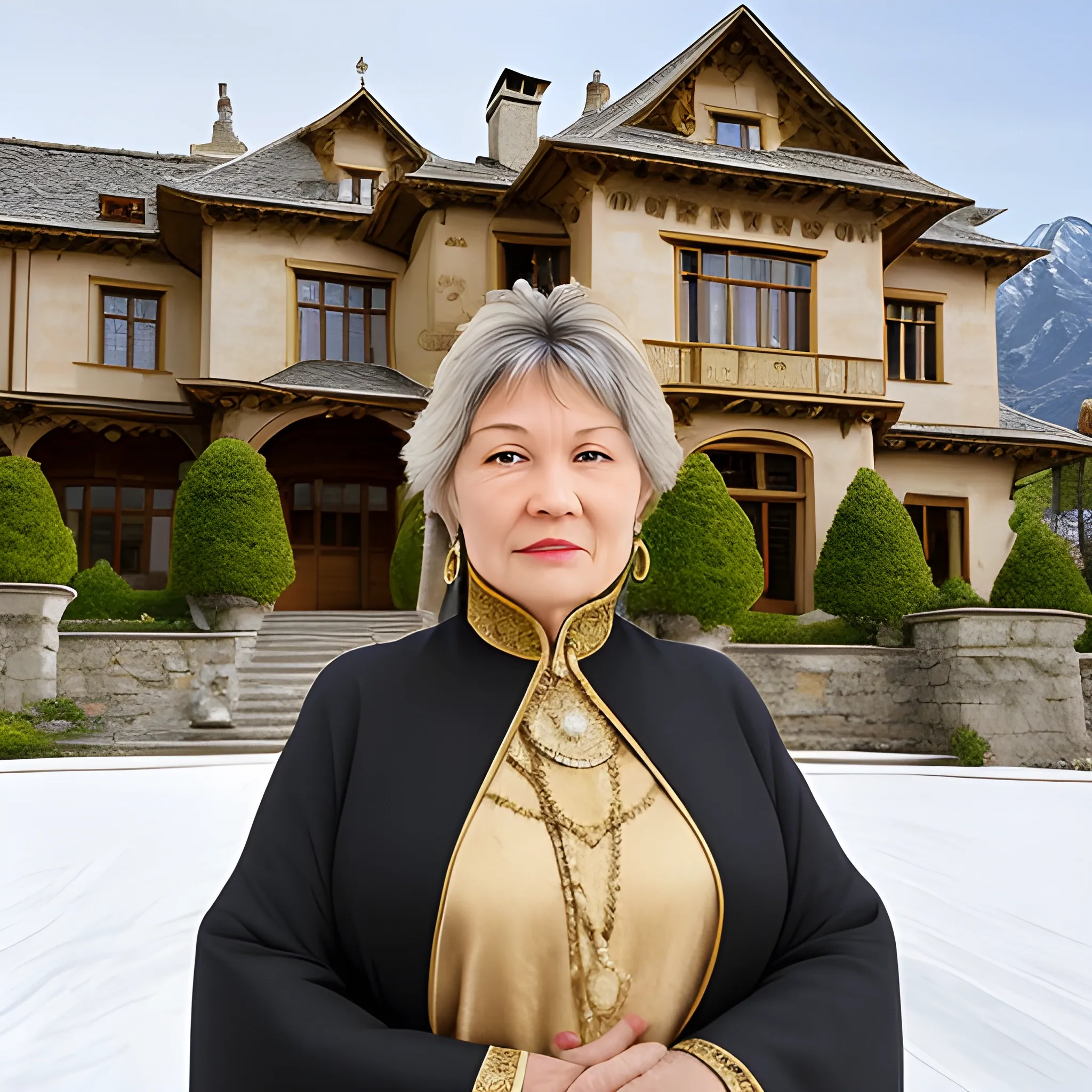 a middle aged woman, the head of a powerful family wearing fine cloths of res and gold. jewelry. background is a large mansion of stone and wooden roof. snow capped mountains are visible in the background.