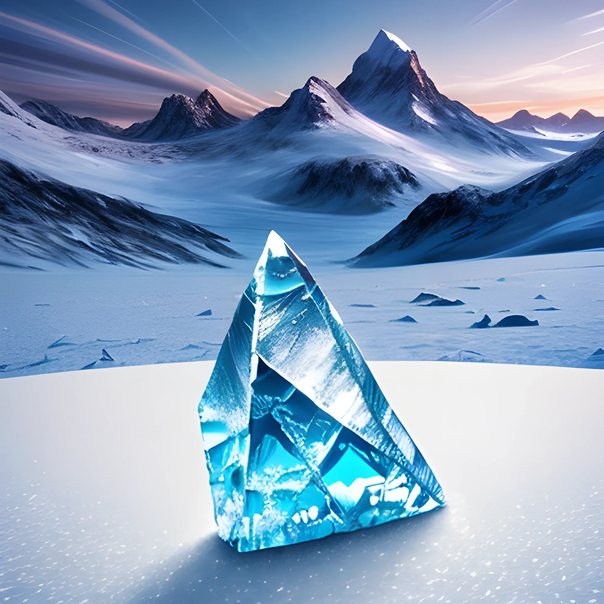 a crystaline shard of metal giving off cold, it is icy, and snowy background i snow capped mountains fantasy landscape