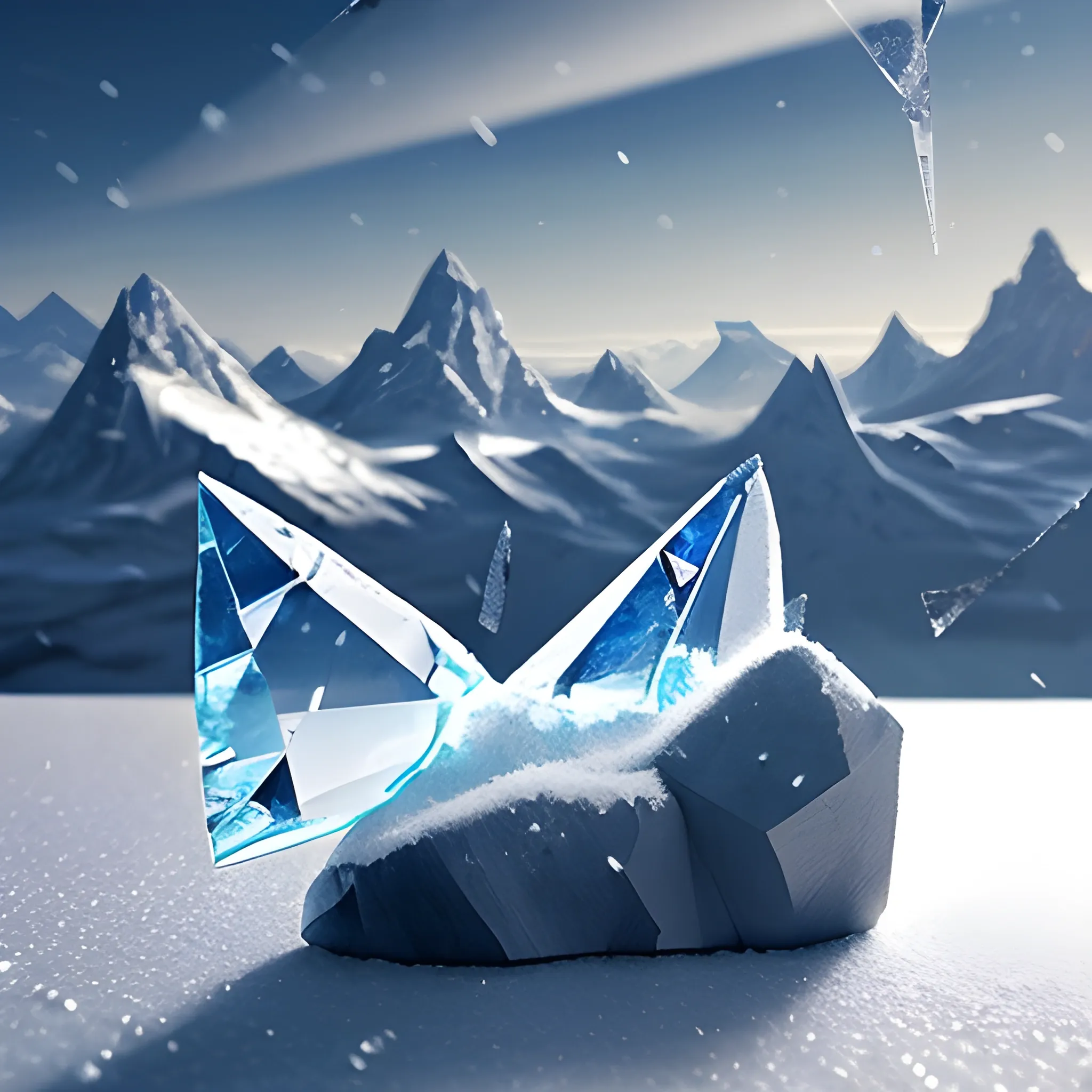 a crystaline shard of metal giving off cold hovers above a workbench, it is icy, and snowy.  background is a stone fortress and snow capped mountains fantasy landscape, abstract