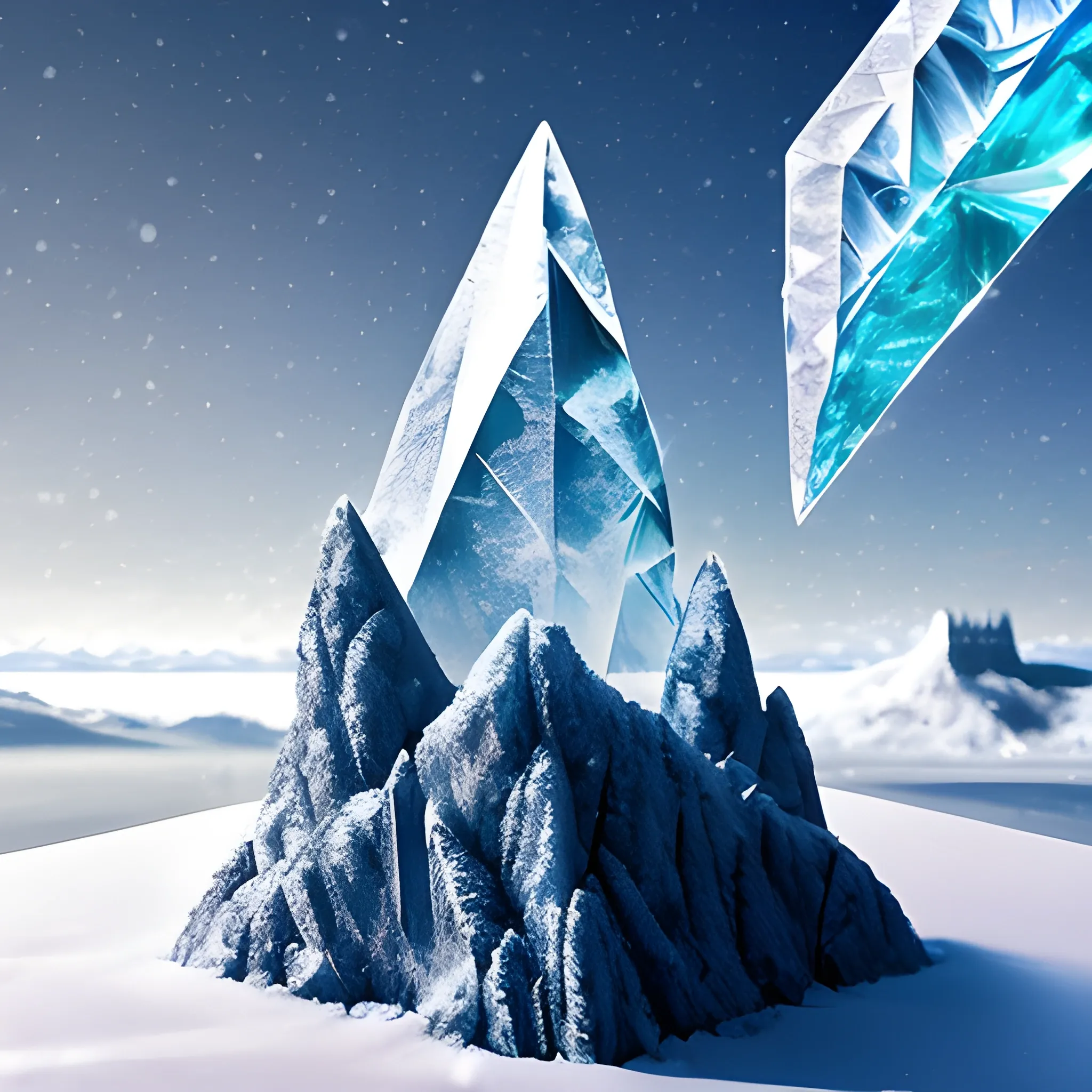 a crystaline shard of metal giving off cold hovers above a workbench, it is icy, and snowy.  background is a stone fortress and snow capped mountains fantasy landscape, abstract, Trippy, 