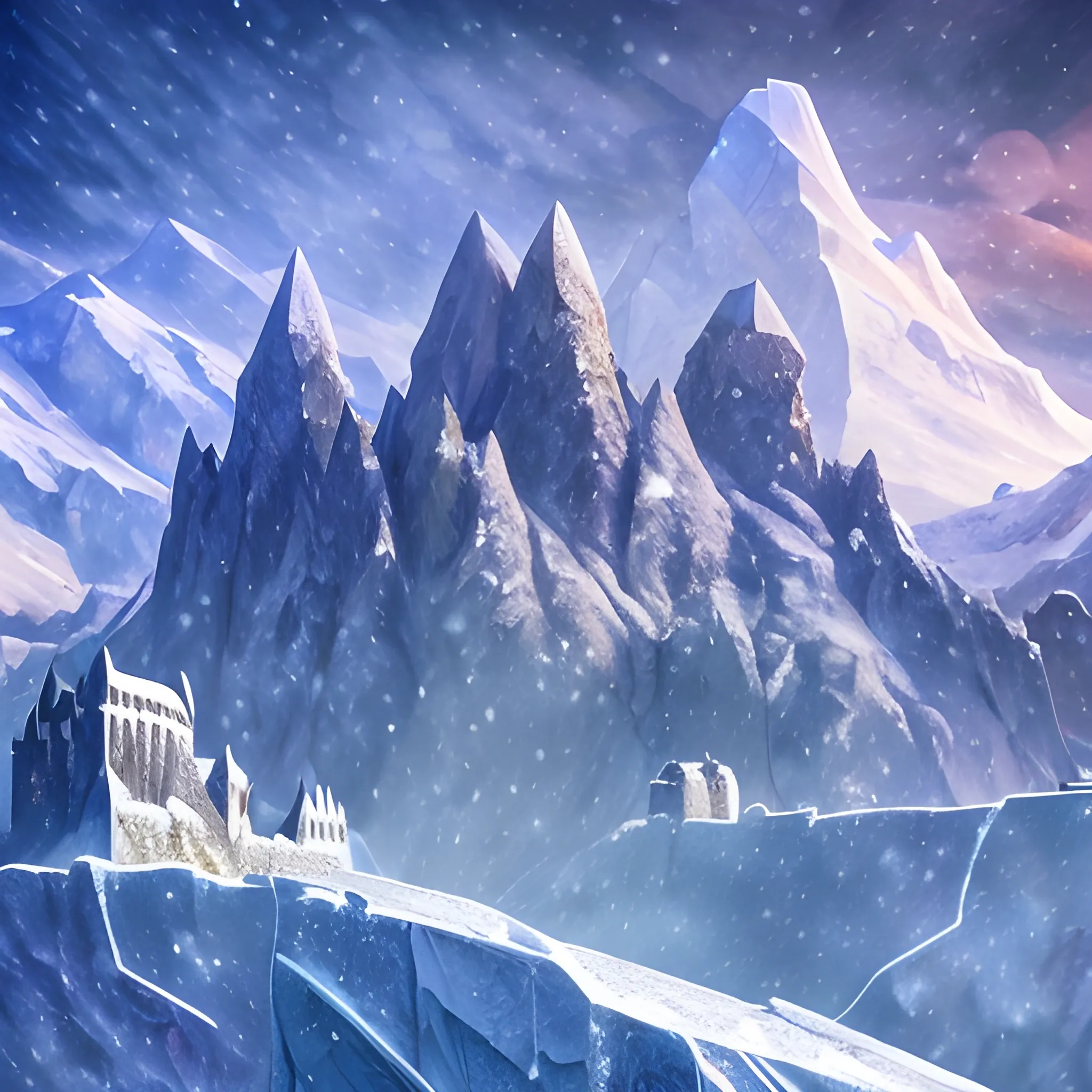 crystaline shard of metal giving off cold, it is icy, and snowy.  background is a stone fortress and snow capped mountains fantasy landscape, abstract, Trippy, 