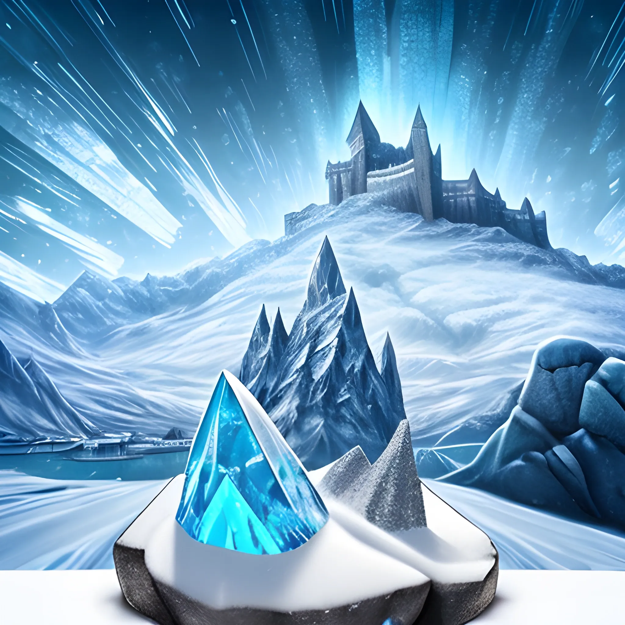 crystaline shard of metal in foreground giving off cold, it is icy, and snowy.  background is a stone fortress and snow capped mountains fantasy landscape, abstract, Trippy, 