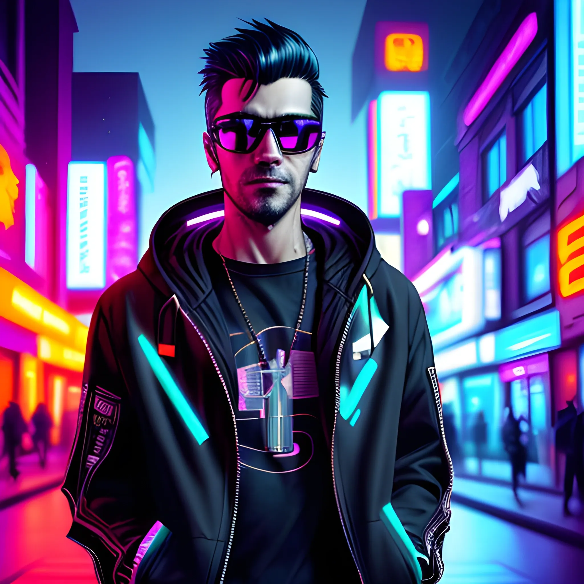 portrait of a handsome cyberpunk man, with black hair. Wearing a flashy urban hooded jacket with no spikes, wearing a neon light cross and sunglasses in a night time cyberpunk city street.