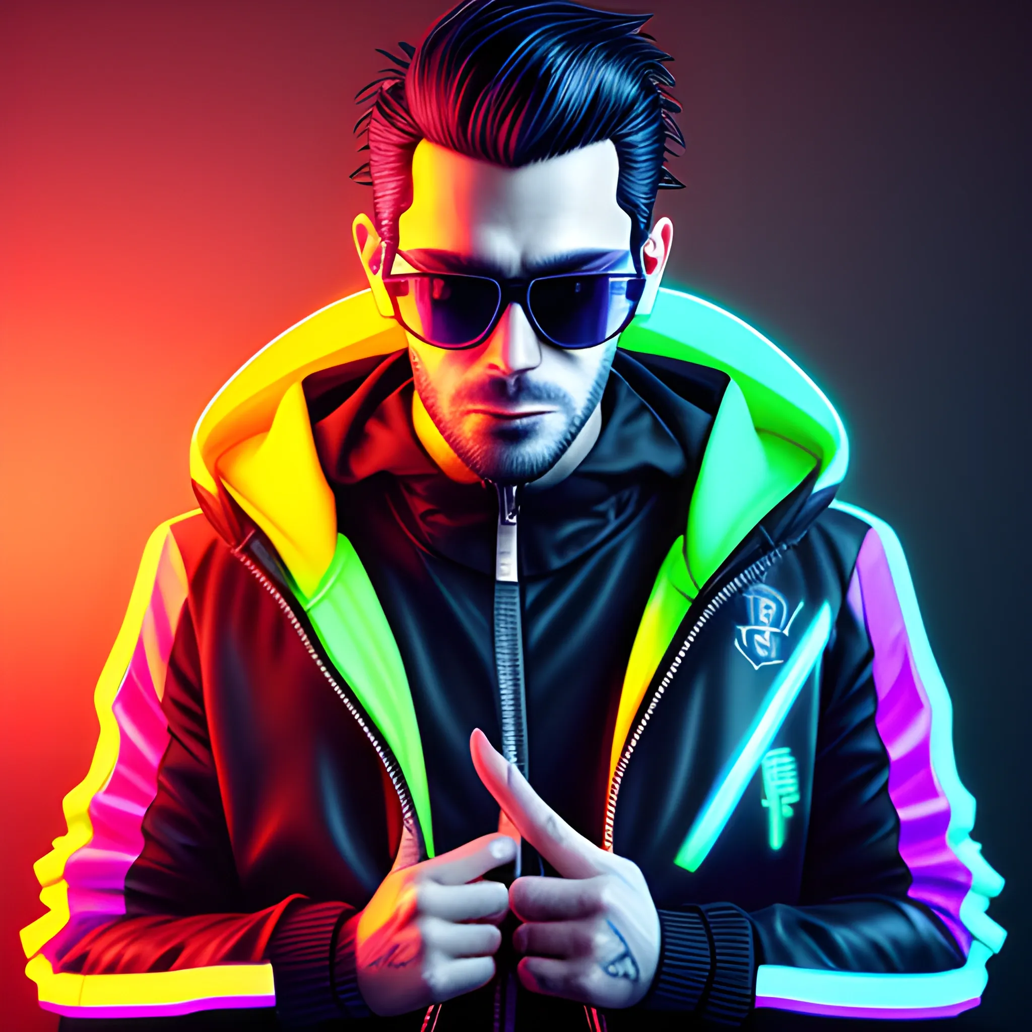 portrait of a handsome cyberpunk man, with black hair. Wearing a flashy urban hooded jacket with no spikes, wearing a neon cross and sunglasses on a transparent background