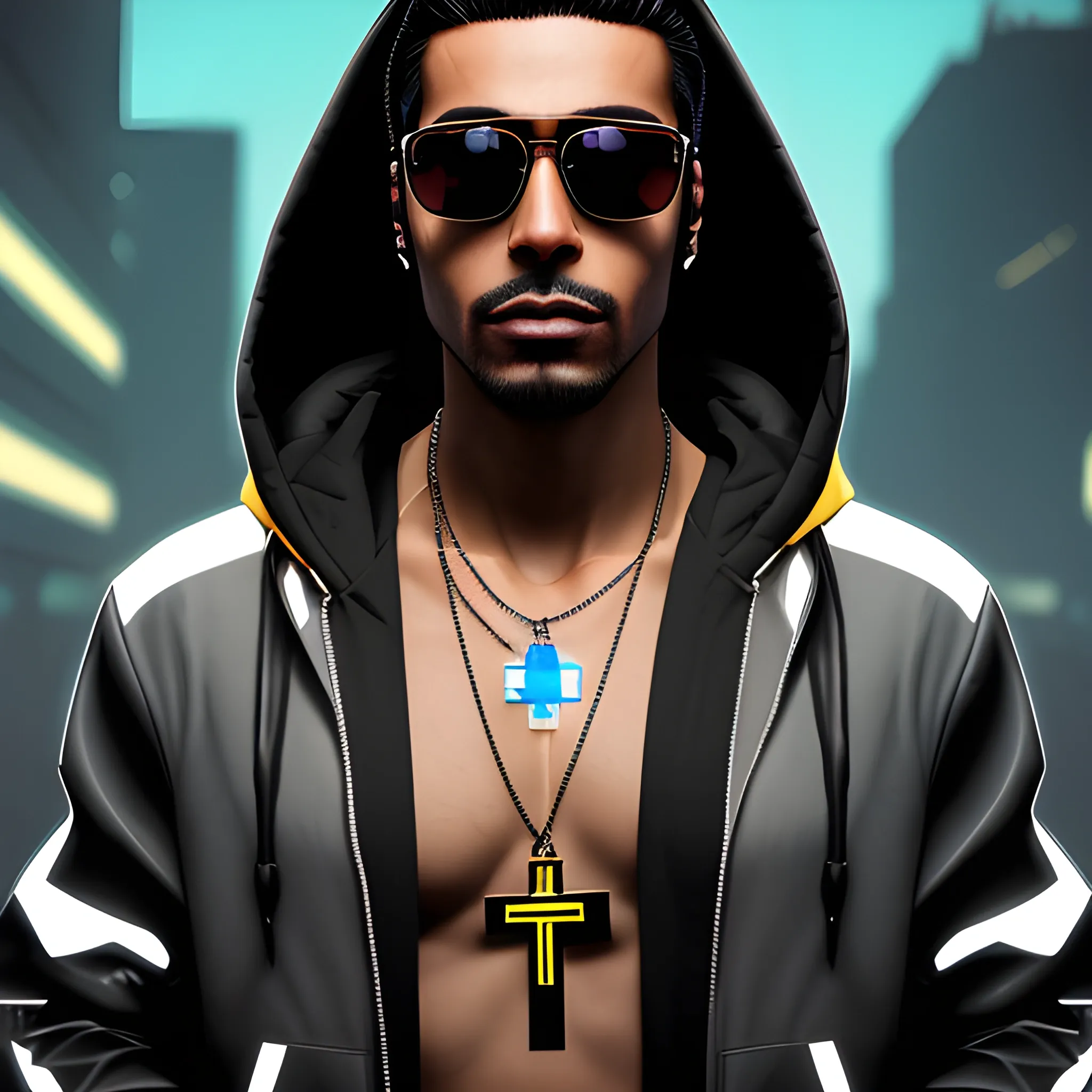 portrait of a handsome brown skin cyberpunk man, with black hair. Wearing a flashy urban hooded jacket with no spikes, wearing a cross necklace and sunglasses on a transparent background