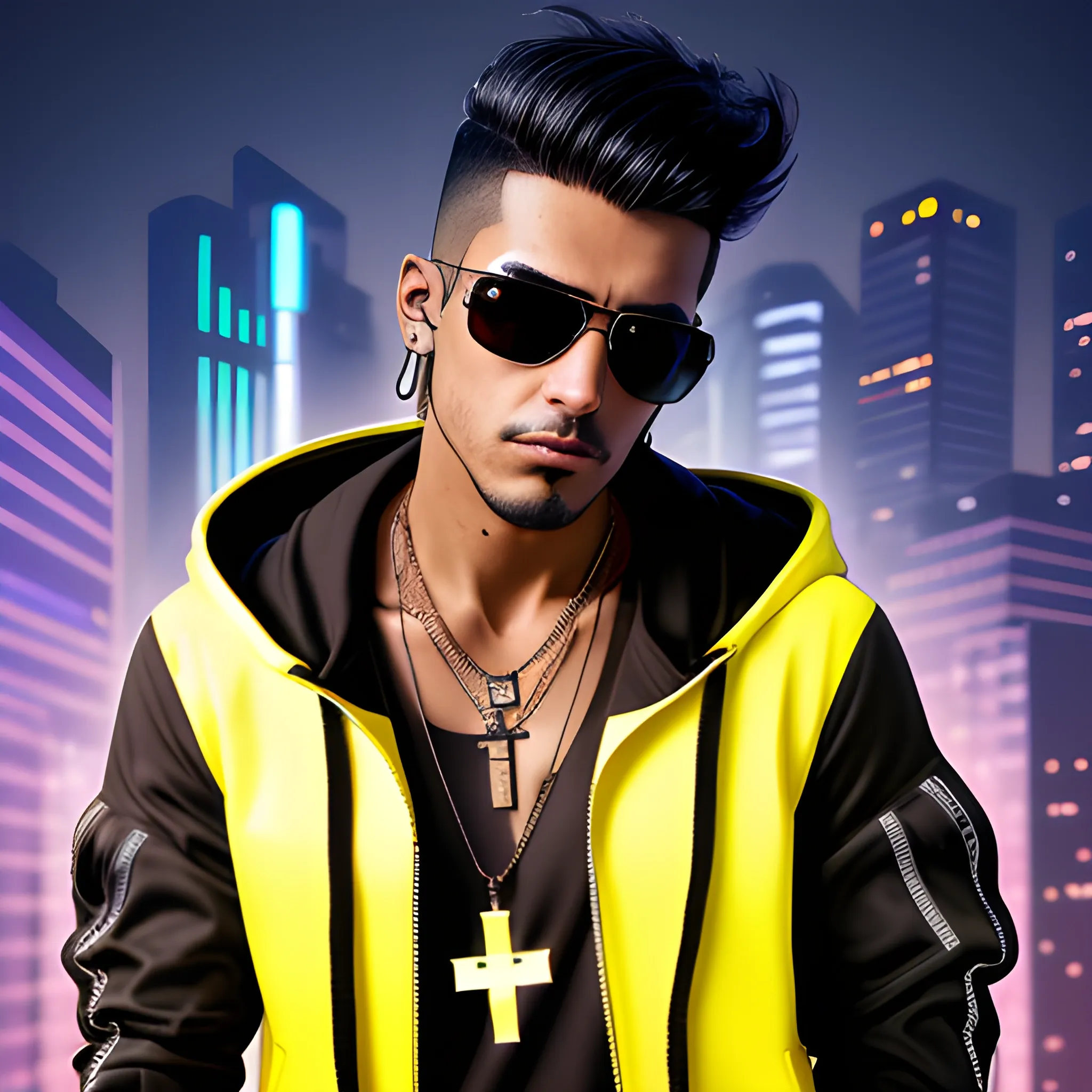 portrait of a handsome Hispanic brown skin cyberpunk man, with black hair. Wearing a flashy urban hooded jacket with no spikes, wearing a cross necklace and sunglasses on a transparent background