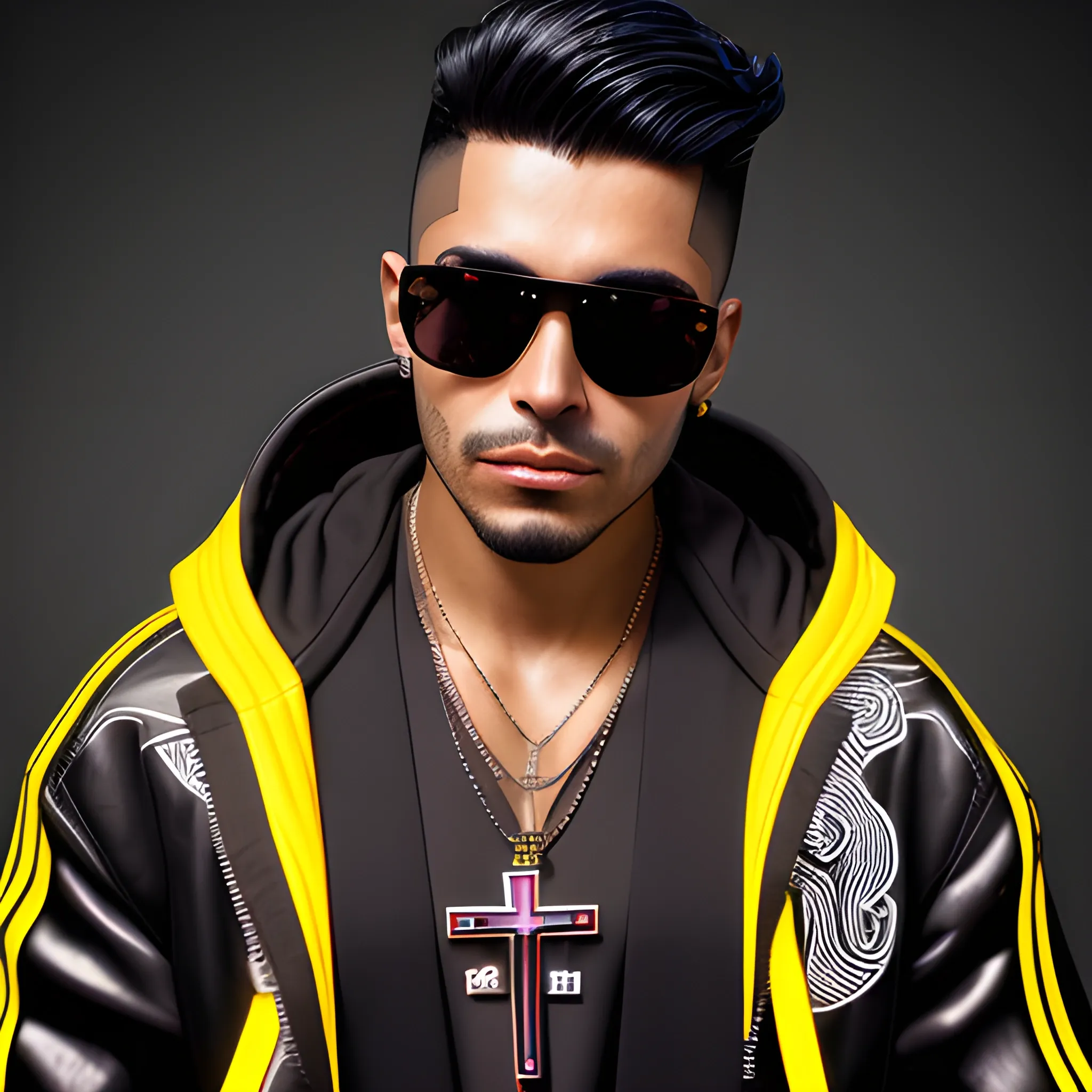 portrait of a handsome Hispanic brown skin cyberpunk man, with black hair. Wearing a flashy urban hooded jacket with no spikes, wearing a cross necklace and sunglasses on a transparent background