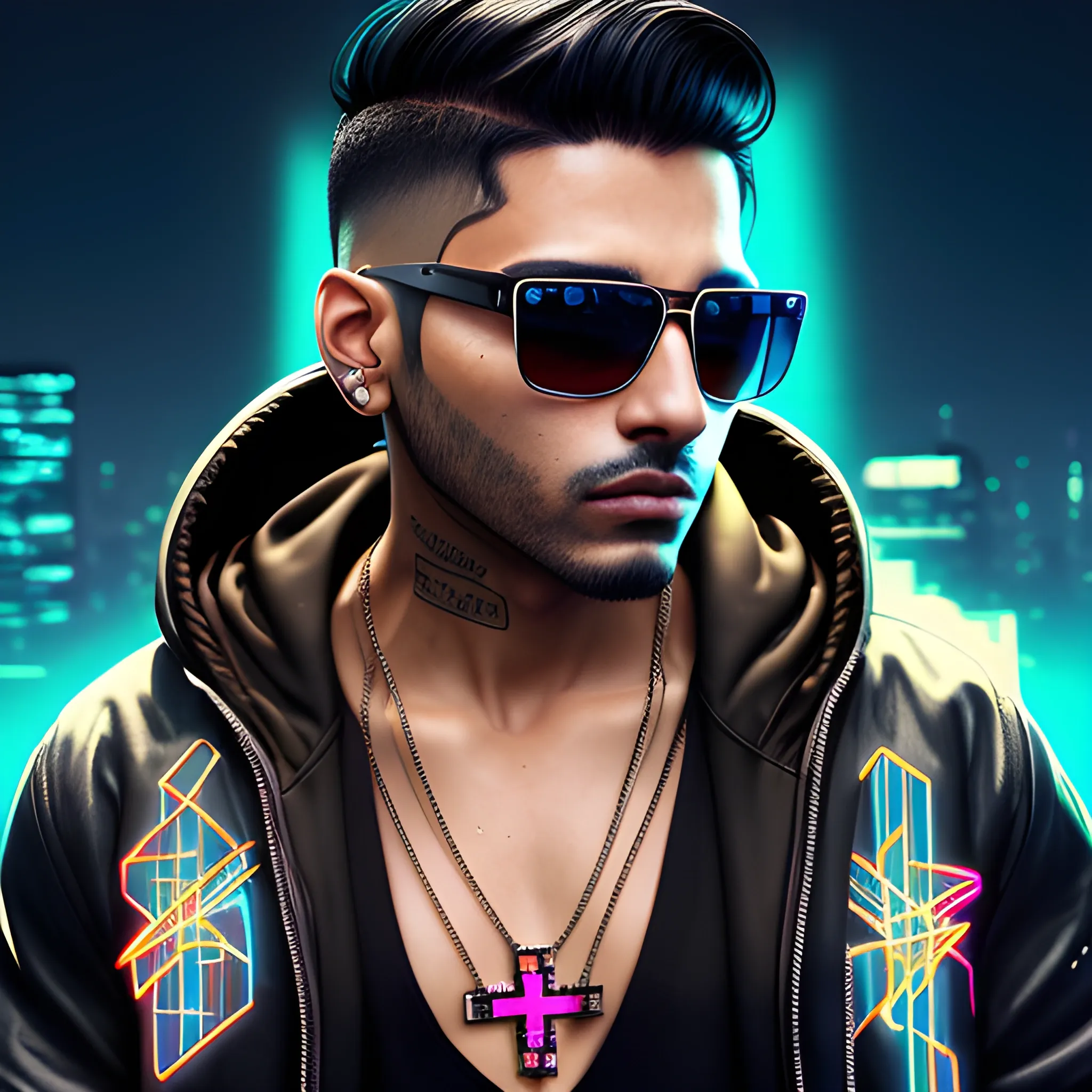 portrait of a handsome Hispanic brown skin cyberpunk man, with black hair. Wearing a flashy urban hooded jacket with no spikes, wearing a cross necklace and sunglasses on a transparent background