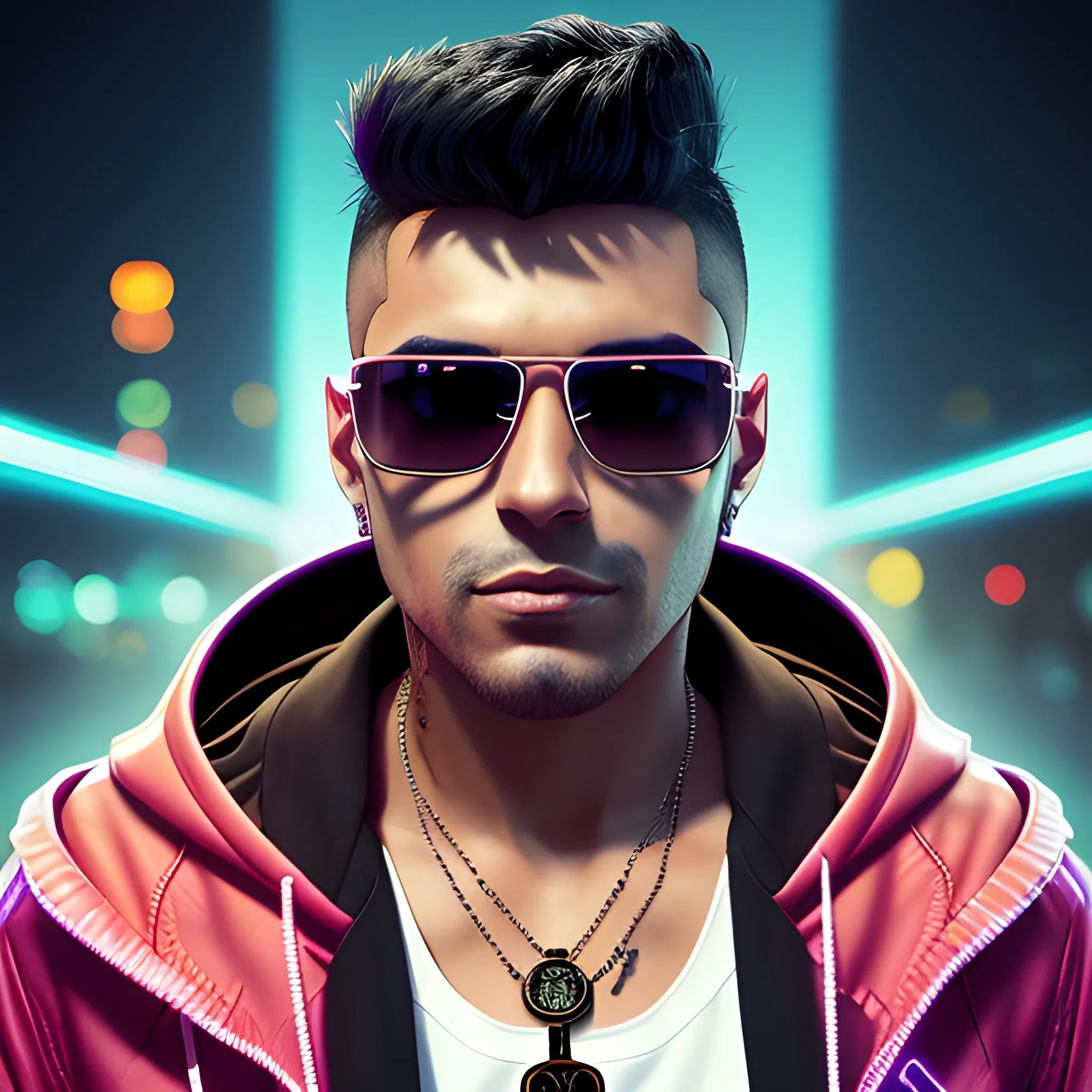 portrait of a handsome Hispanic brown skin cyberpunk man, with short spiked black hair. Wearing a flashy urban hooded jacket with no spikes, wearing a cross necklace and sunglasses on a transparent background