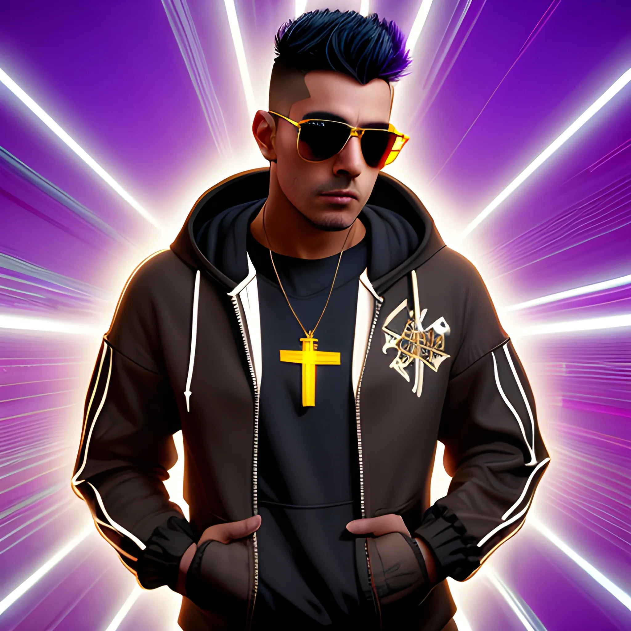 portrait of a handsome Hispanic brown skin cyberpunk man, with short spiked black hair. Wearing a flashy urban hooded jacket with no spikes, wearing a cross necklace and sunglasses on a transparent background