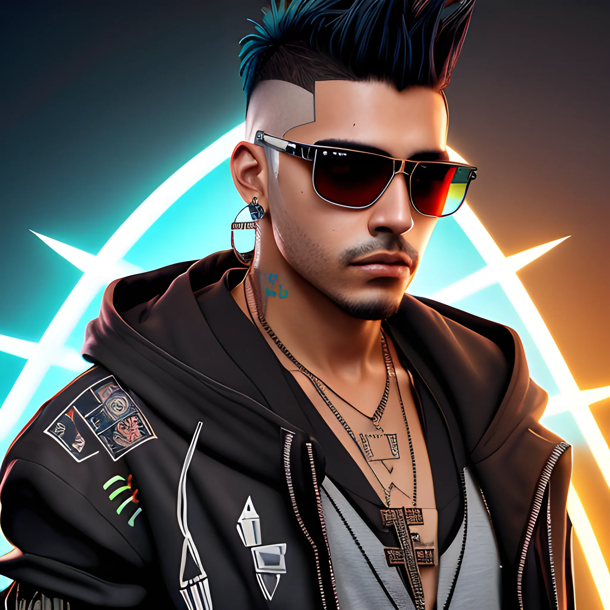 portrait of a handsome Hispanic brown skin cyberpunk man, with spiked black hair. Wearing a flashy urban hooded jacket with no spikes, wearing a cross necklace and sunglasses on a transparent background