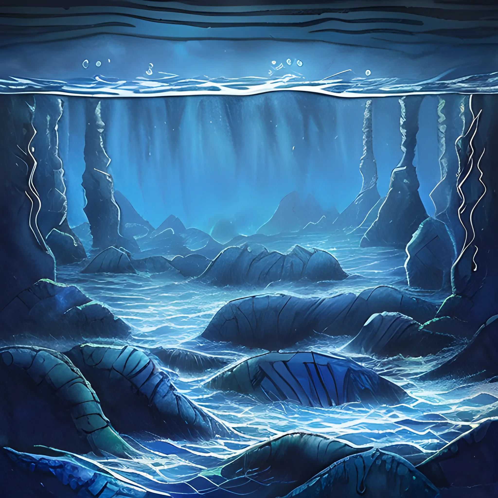 , Trippy, Water Color, abyssal water, dark blue, runic stones,
realistic water background, Atlantide, dark Blue beams, dark water