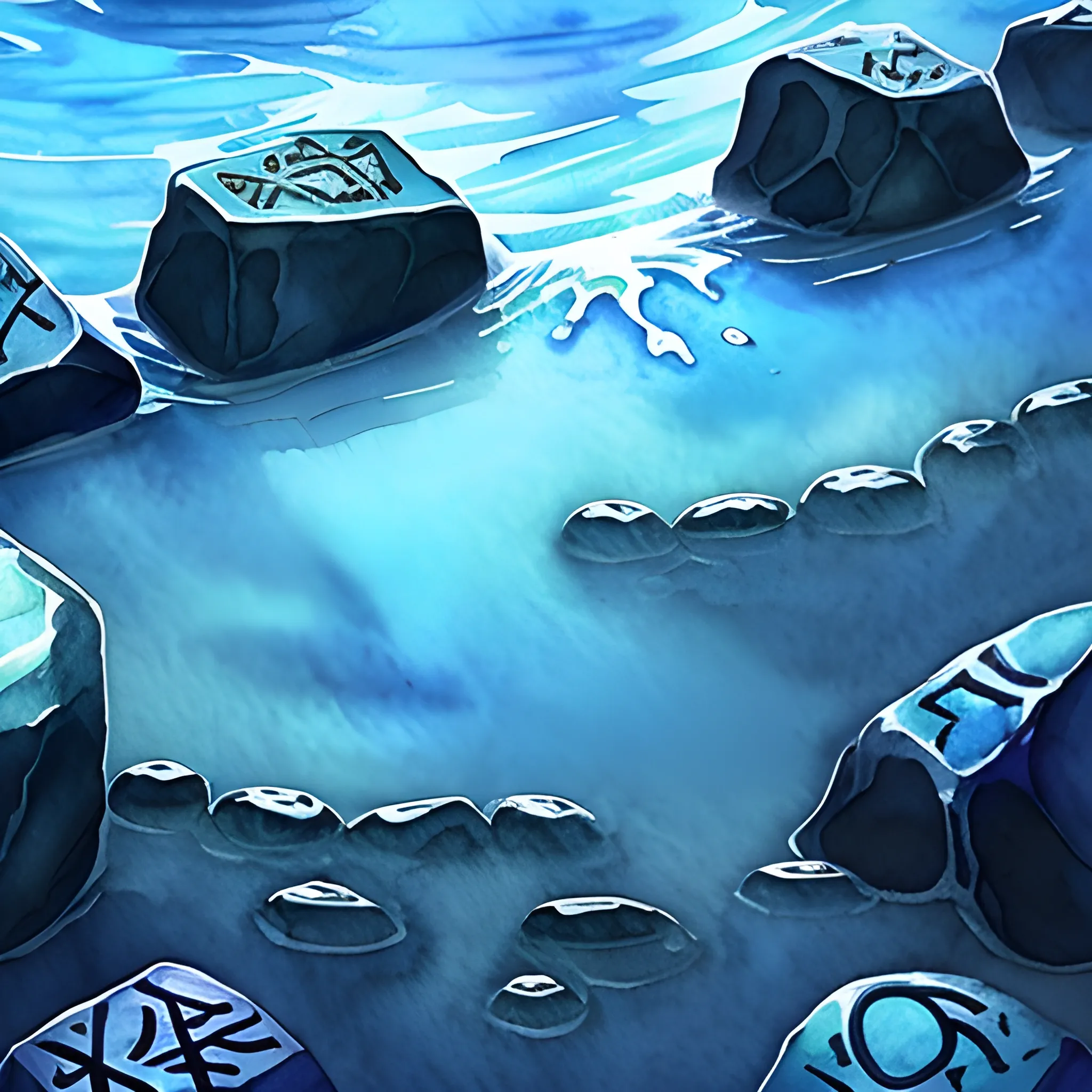 , Trippy, Water Color, abyssal water, dark blue, runic stones,
realistic water background