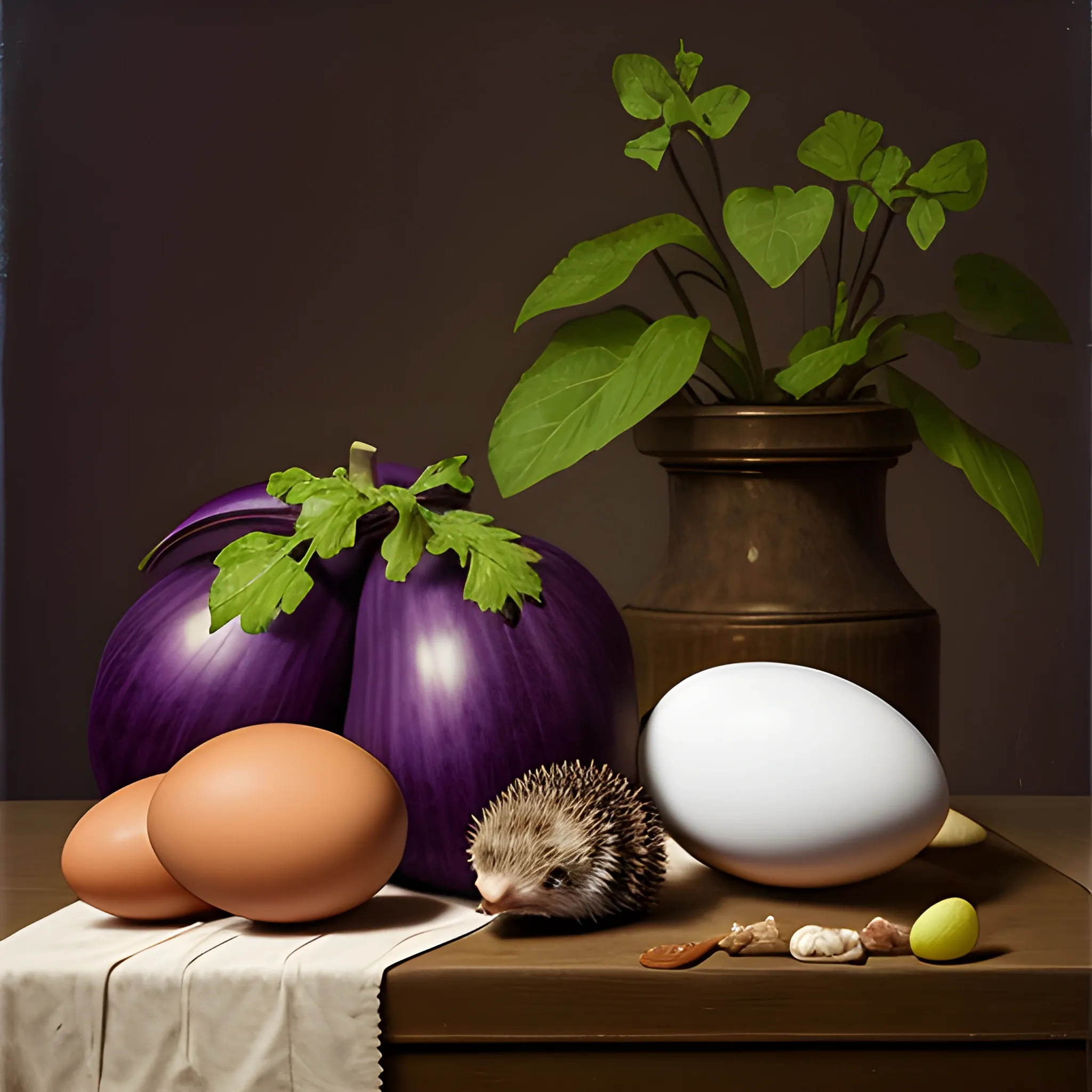 still life with an old telephone, an eggplant, an egg, a hedgehog, photography