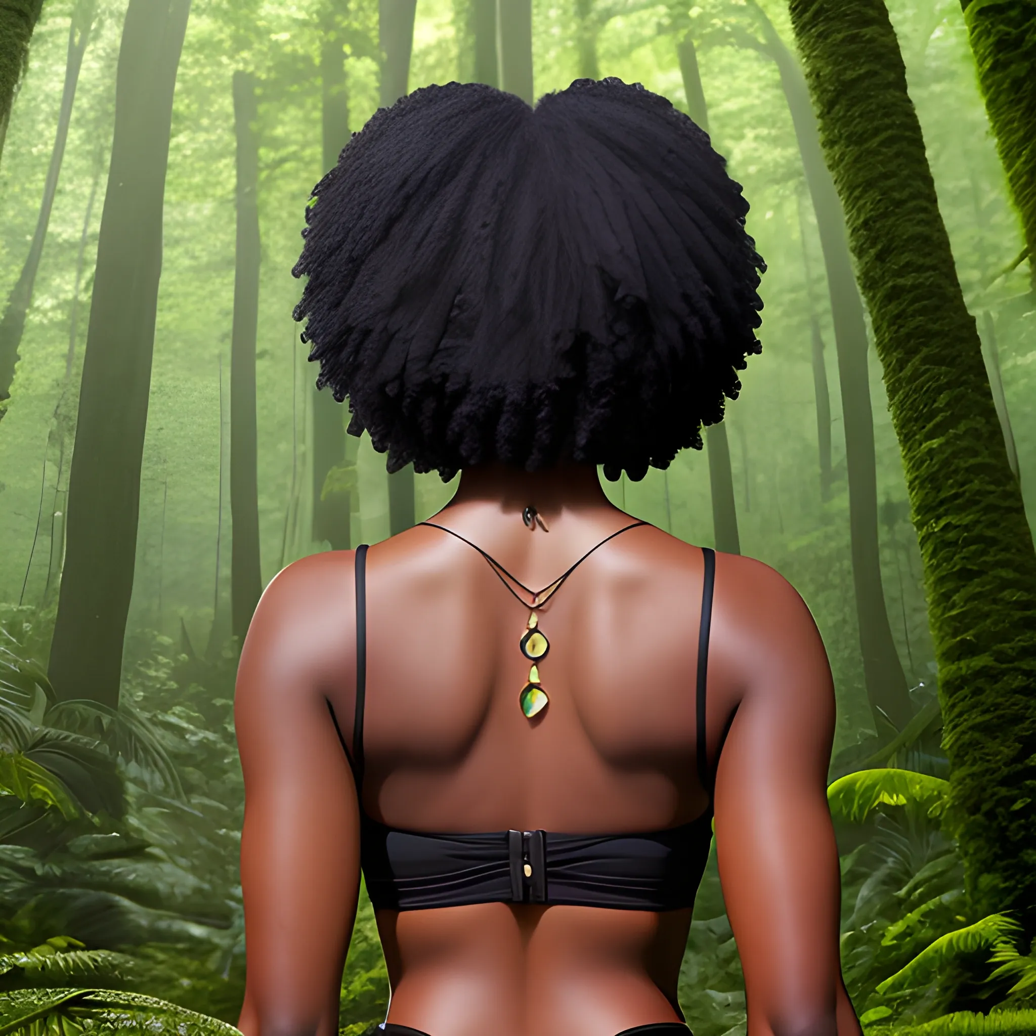 a woman in a forest with her back to the camera and a man in the background, breasts, looking_at_viewer, short_hair, multiple_girls, black_hair, 2girls, bare_shoulders, jewelry, medium_breasts, underwear, standing, panties, ass, earrings, outdoors, parted_lips, solo_focus, day, looking_back, dark_skin, from_behind, dark-skinned_female, tree, lips, crop_top, back, nature, armlet, forest, thong, realistic, bracer