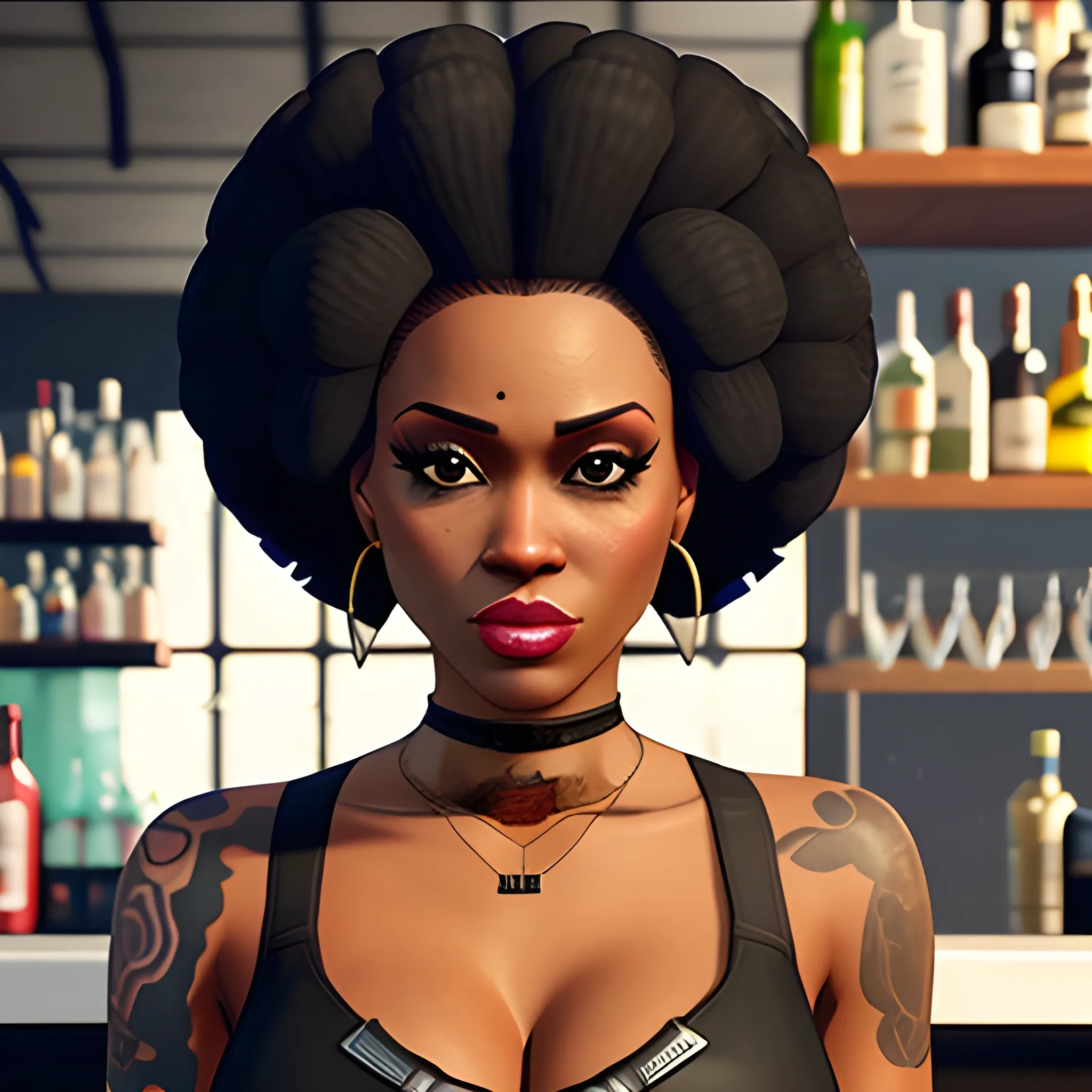 grand theft auto V, cute black girl standing in front of bar holding a grenade, tattooed, afro puff hair