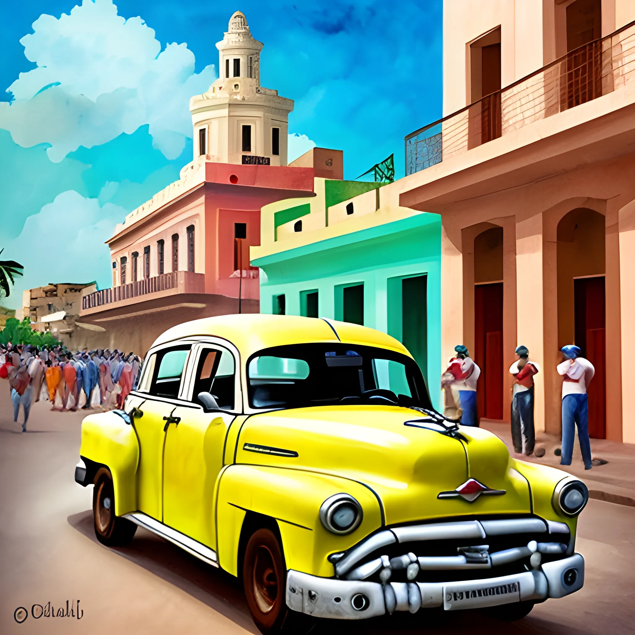 create an image that represents the workers of culture in Cuba, beautiful design, includes elements of the arts, Cuban flag
, Water Color