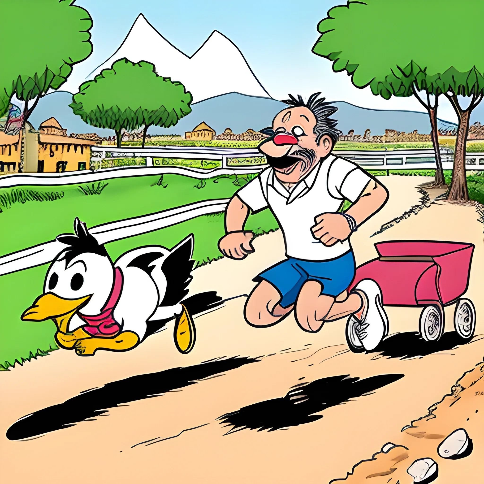 patos corriendo hacia un estanque , Cartoon