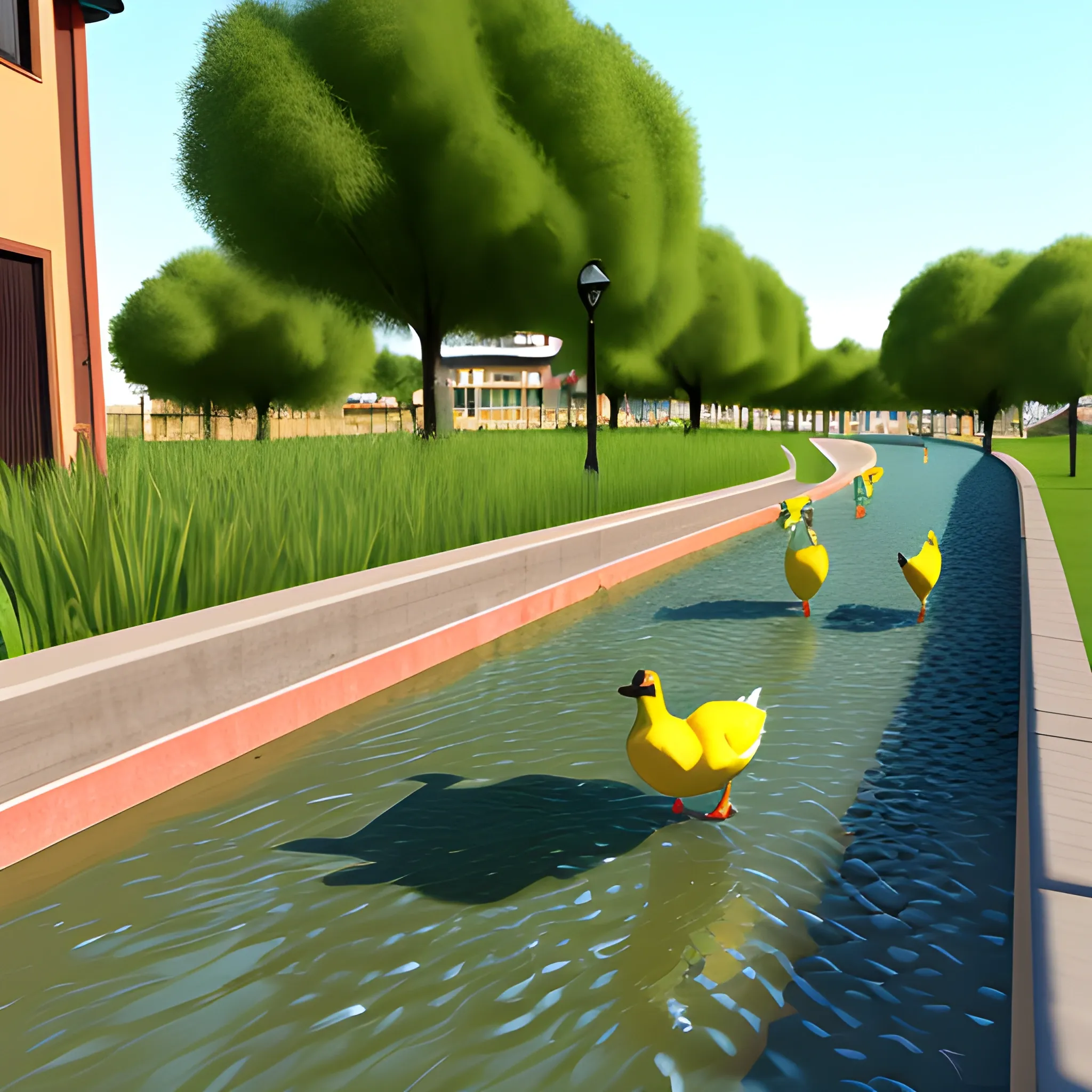 patos corriendo por el campo hacia un lago, 3D