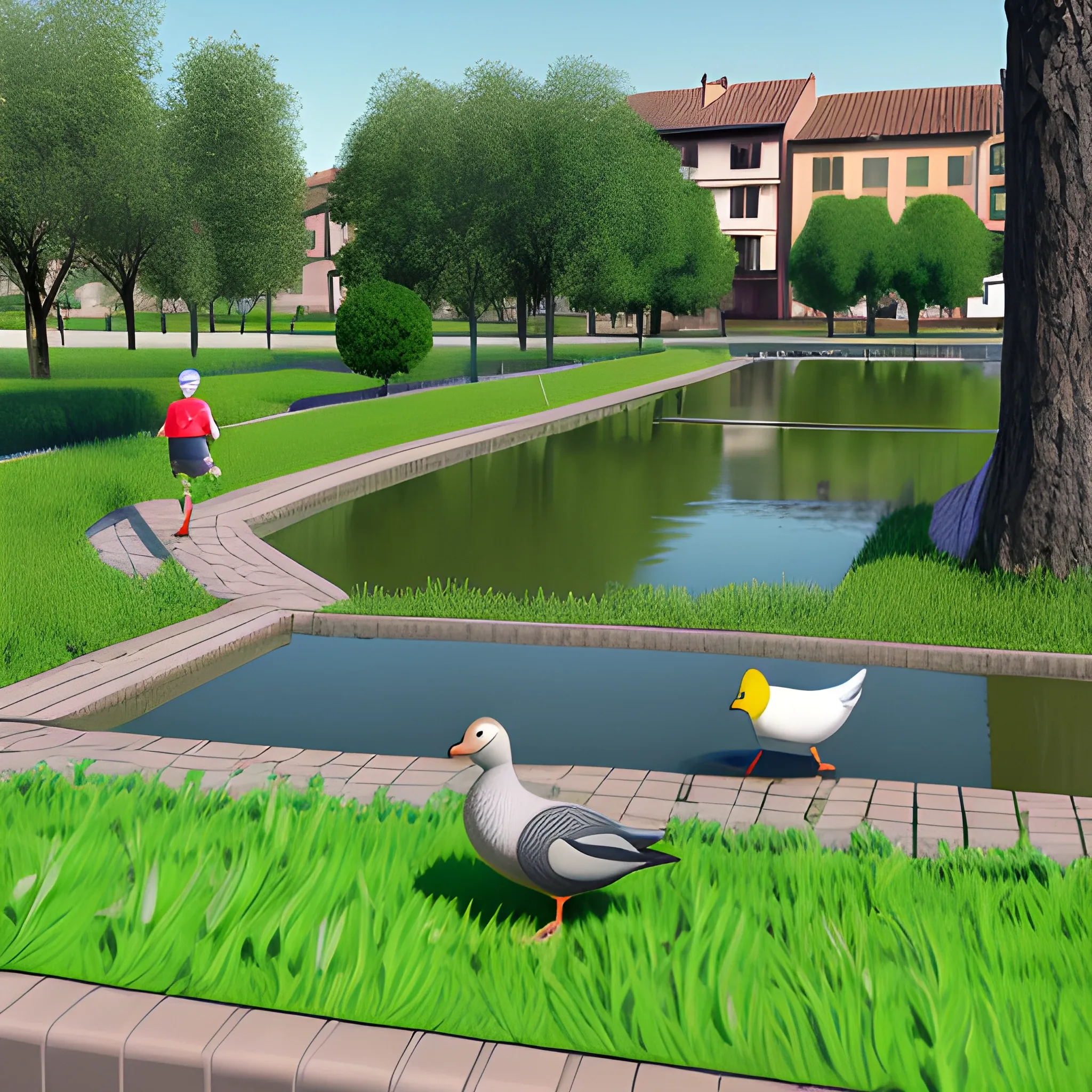 patos corriendo por el campo hacia un lago, 3D