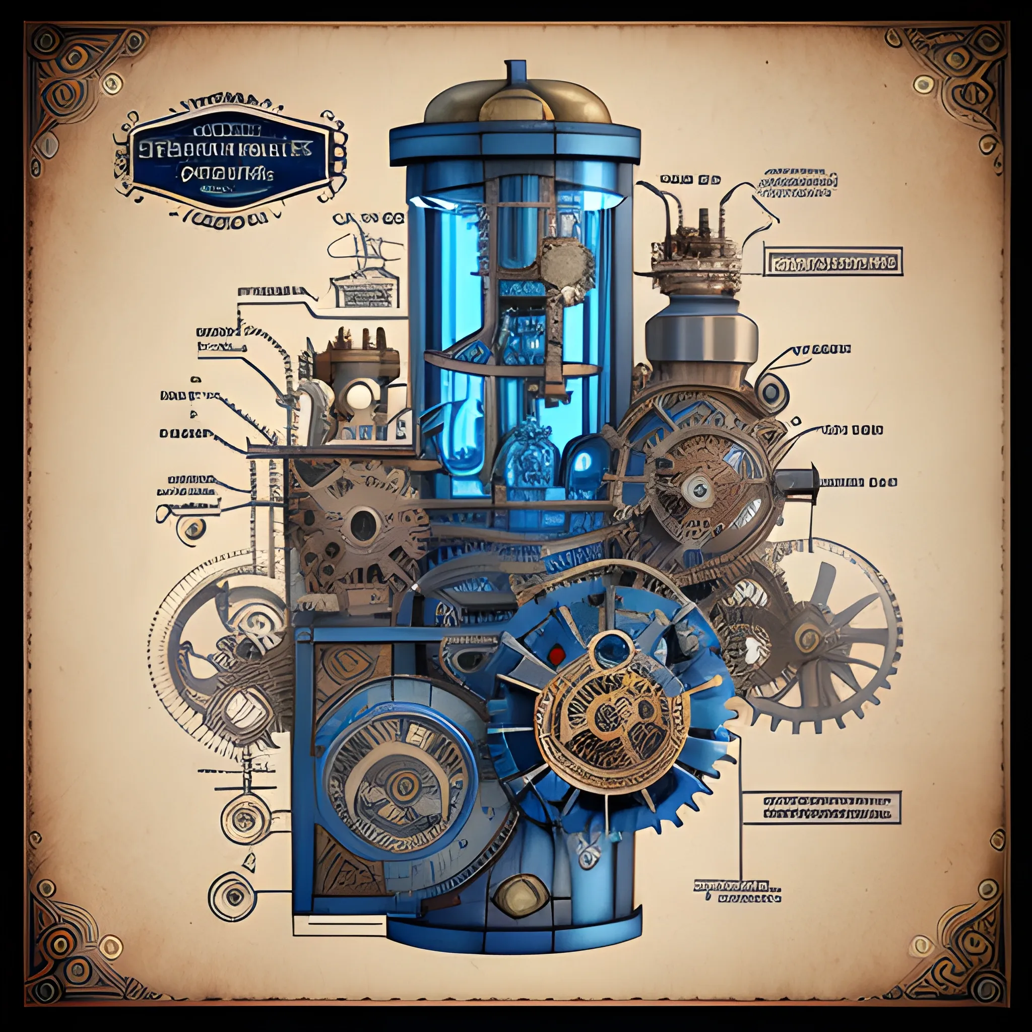 Blueprint illustration steampunk internal mechanical, 3D