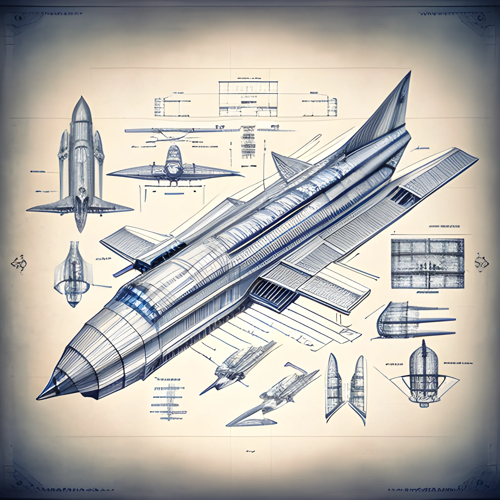 Blueprint illustration steampunk internal mechanical, 3D aircraft Concorde style, Pencil Sketch