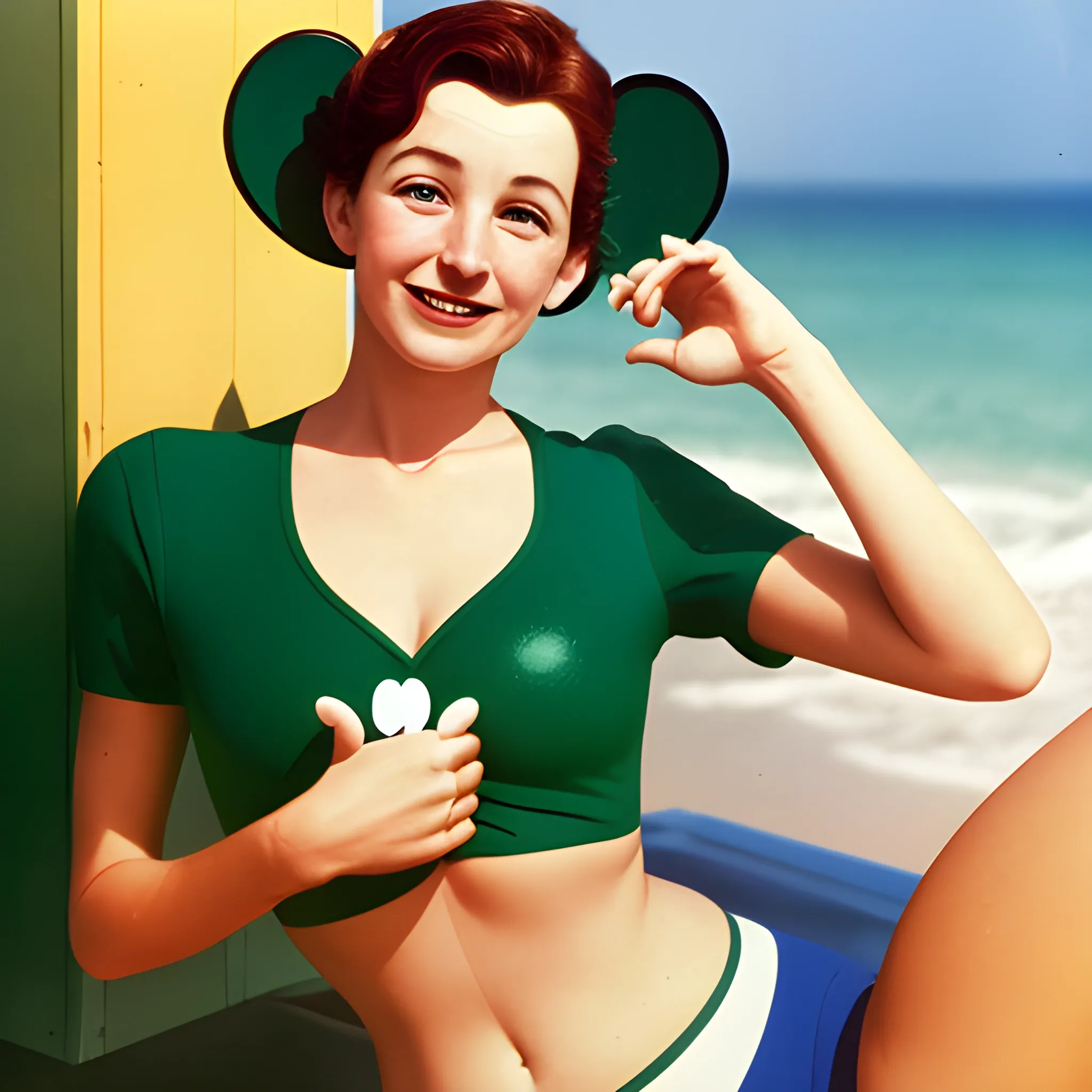 Mickey Mouse et une femme maigre en maillot vert, photographie
