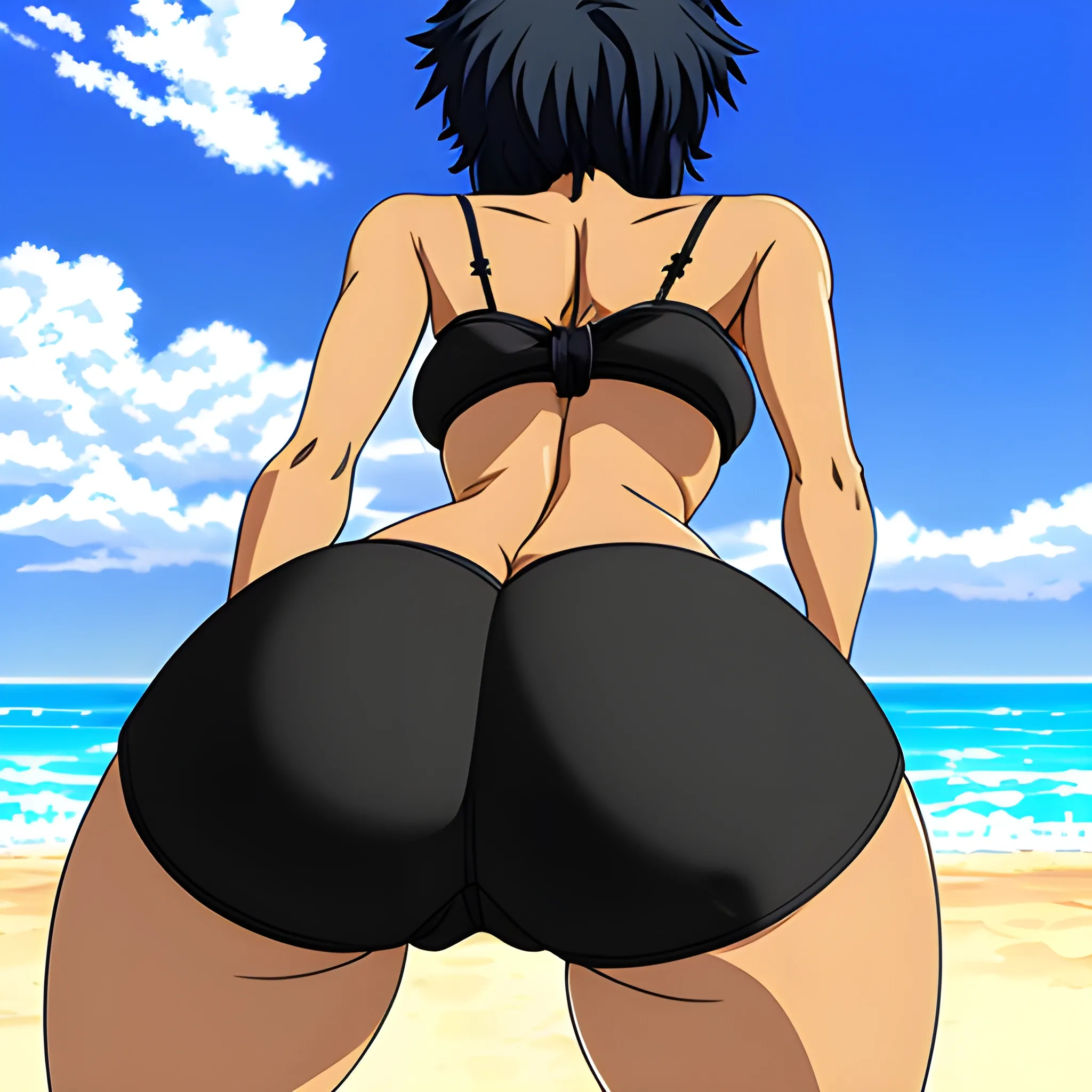 Anime,beach,rear view, blackskin,cute girl,black curly hair,blue bra, blue panties,cartoon,hand under big butt, , Cartoon