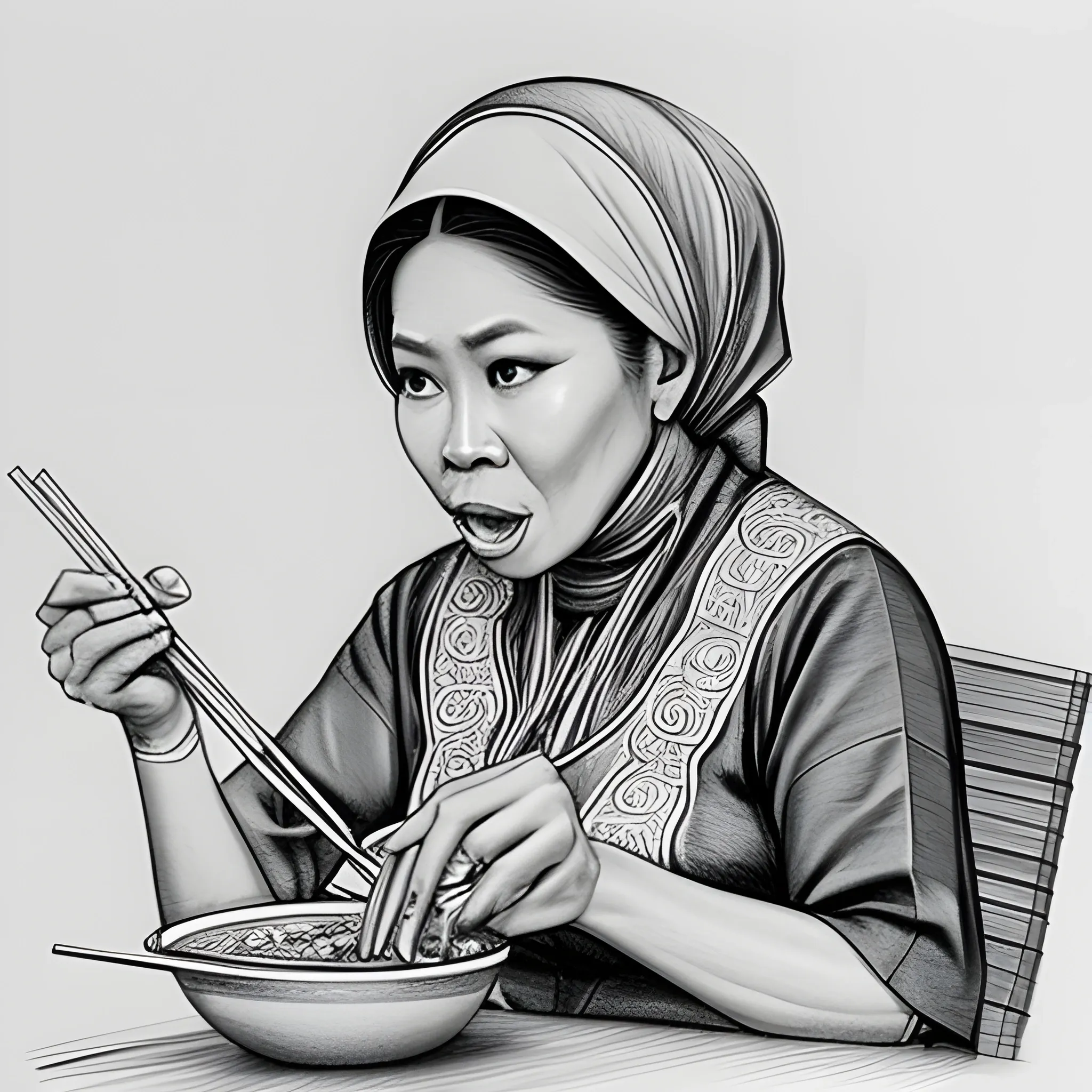 a traditional malay woman in the 1970s wearing traditional malay clothes while eating ramen noodles, Pencil Sketch