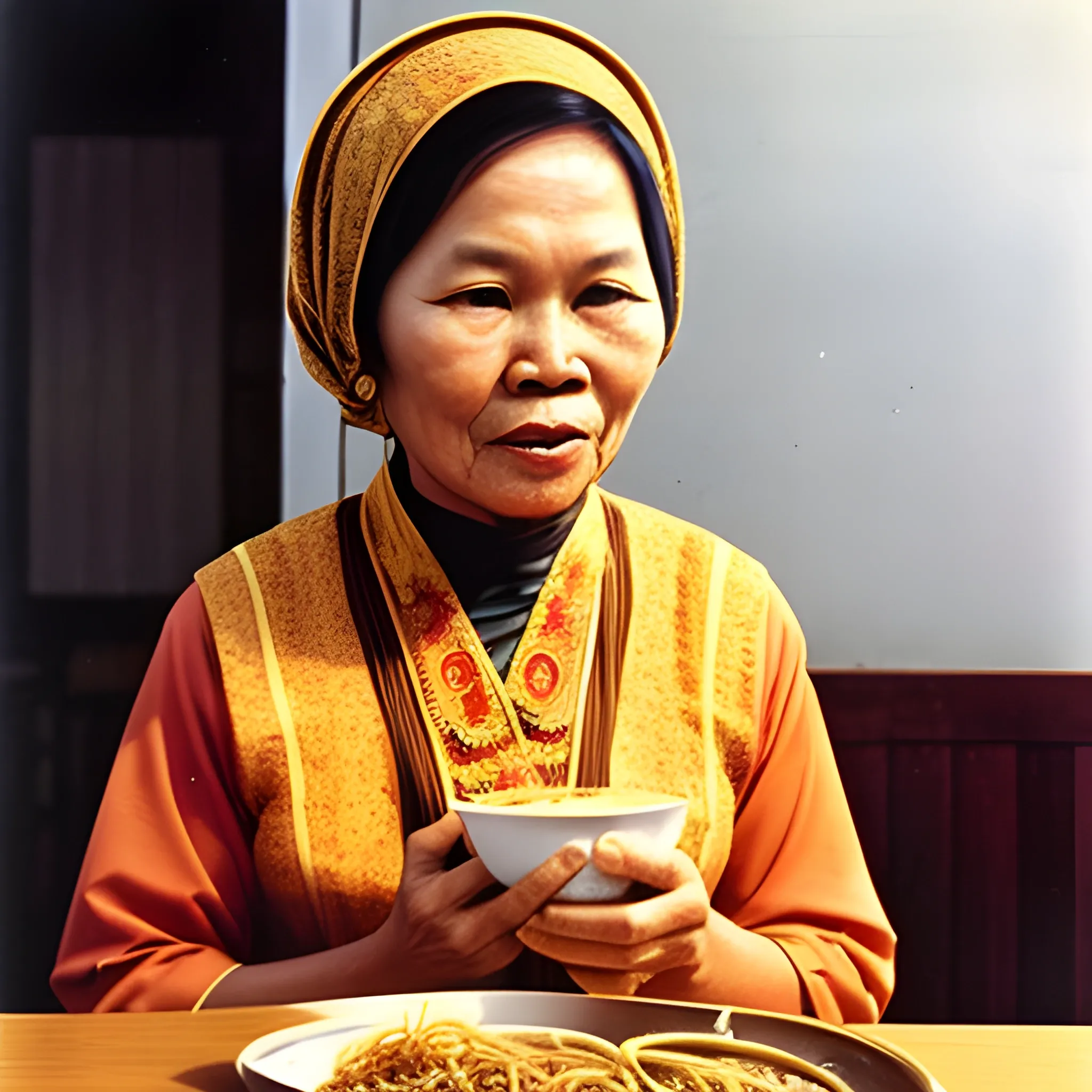 a traditional malay woman in the 1970s wearing traditional malay clothes while eating ramen noodles, realism
