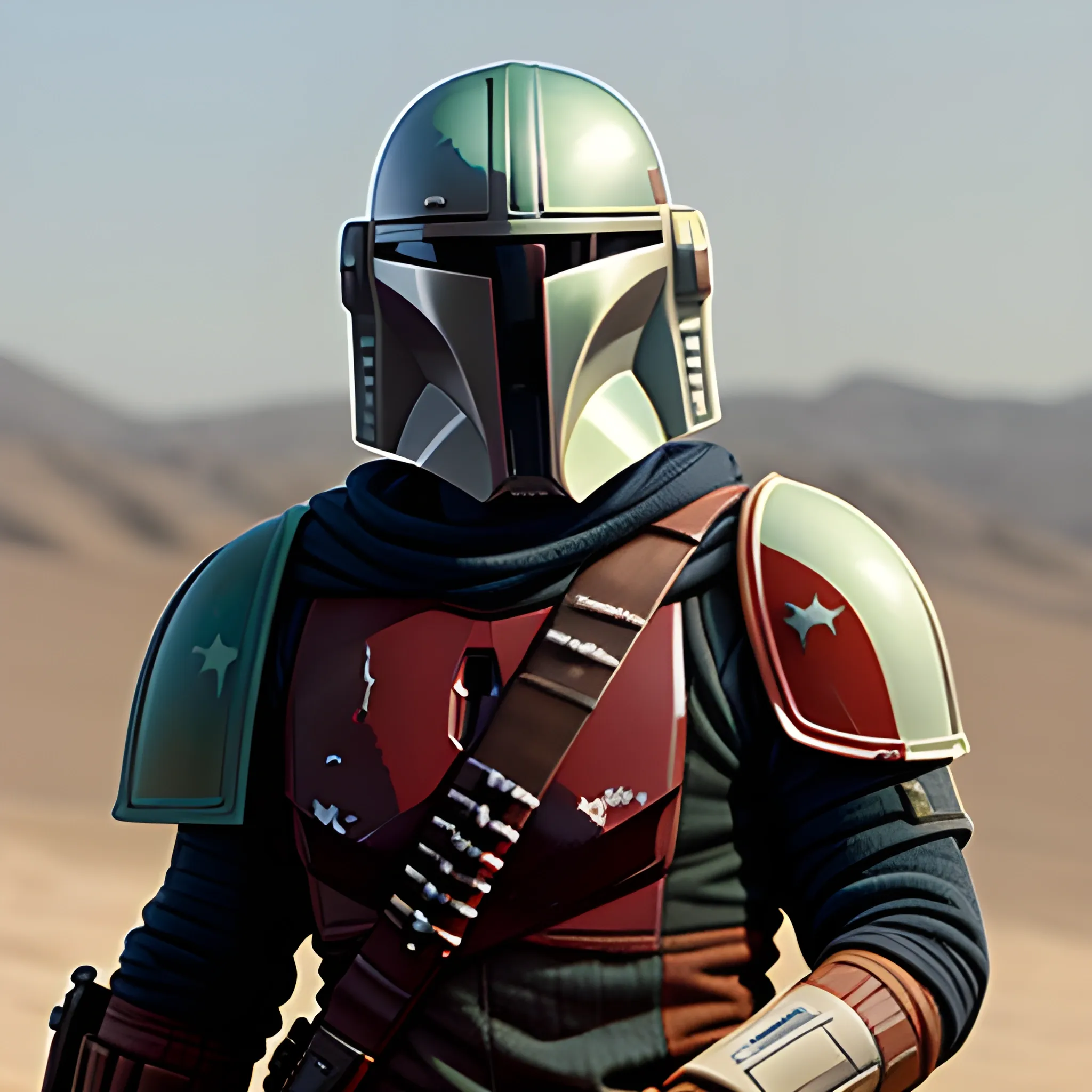 A star wars Mandalorian, holding his helmet, he has along blond hair, and a beard.
