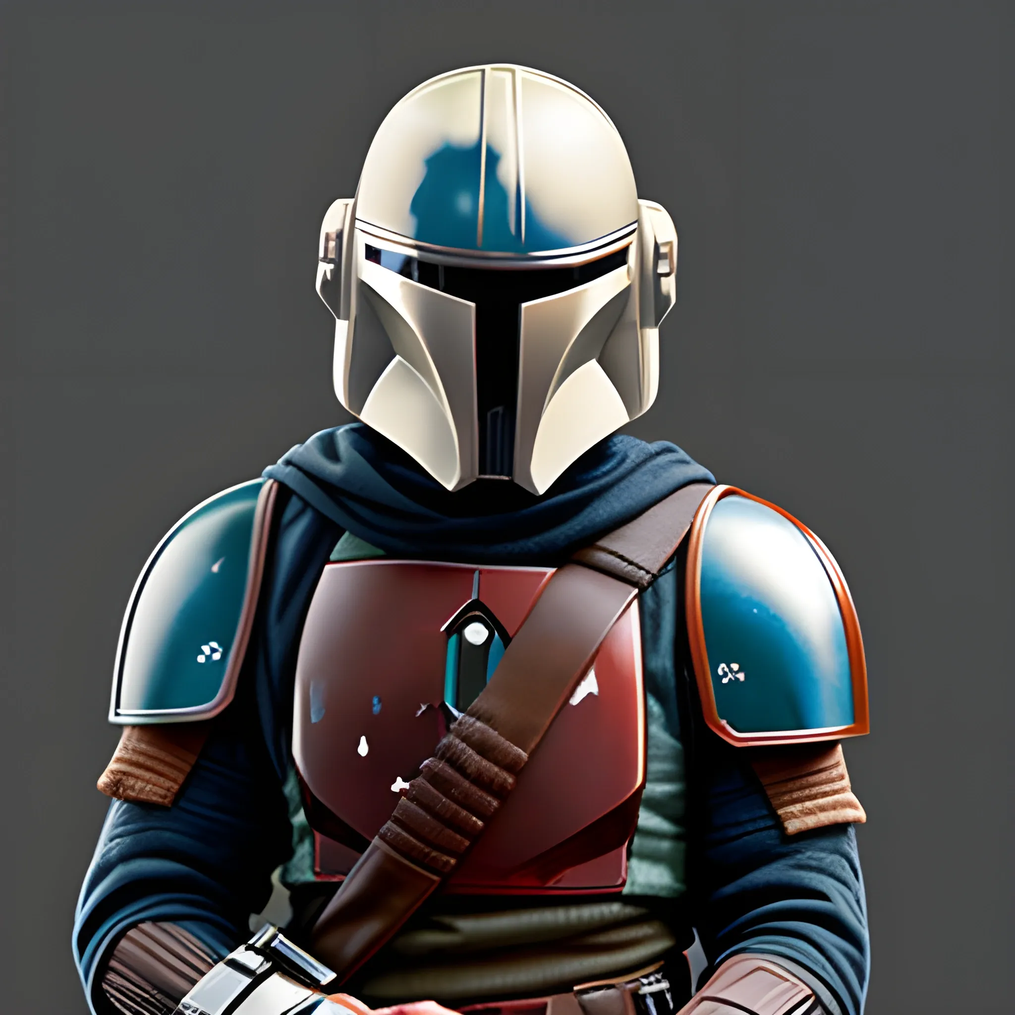 A random star wars Mandalorian, holding his helmet, he has along blond hair, and a beard.
